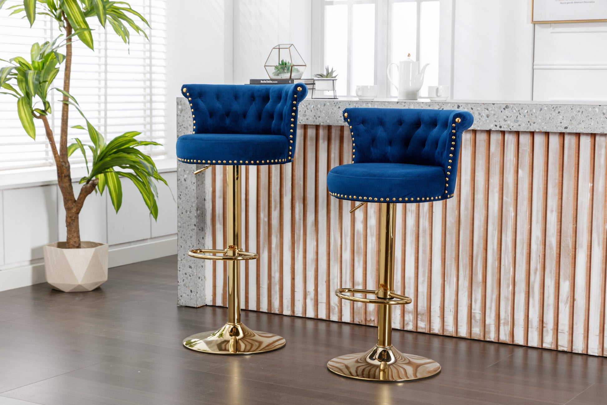 Coolmore Swivel Bar Stools Set Of 2 Adjustable Counter Height Chairs With Footrest For Kitchen, Dining Room 2Pc Set Navy Velvet