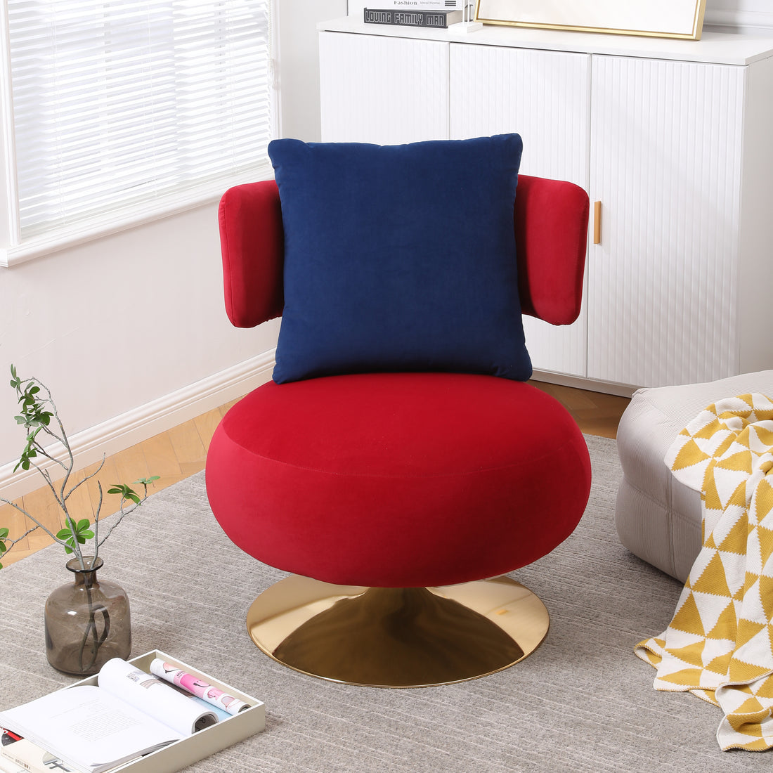 Swivel Accent Chair Armchair, Round Barrel Chair In Fabric For Living Room Bedroom Wine Red Primary Living Space American Design Foam Velvet