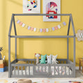 Full Size Wood House Bed With Fence And Door, Gray Wash Gray Pine