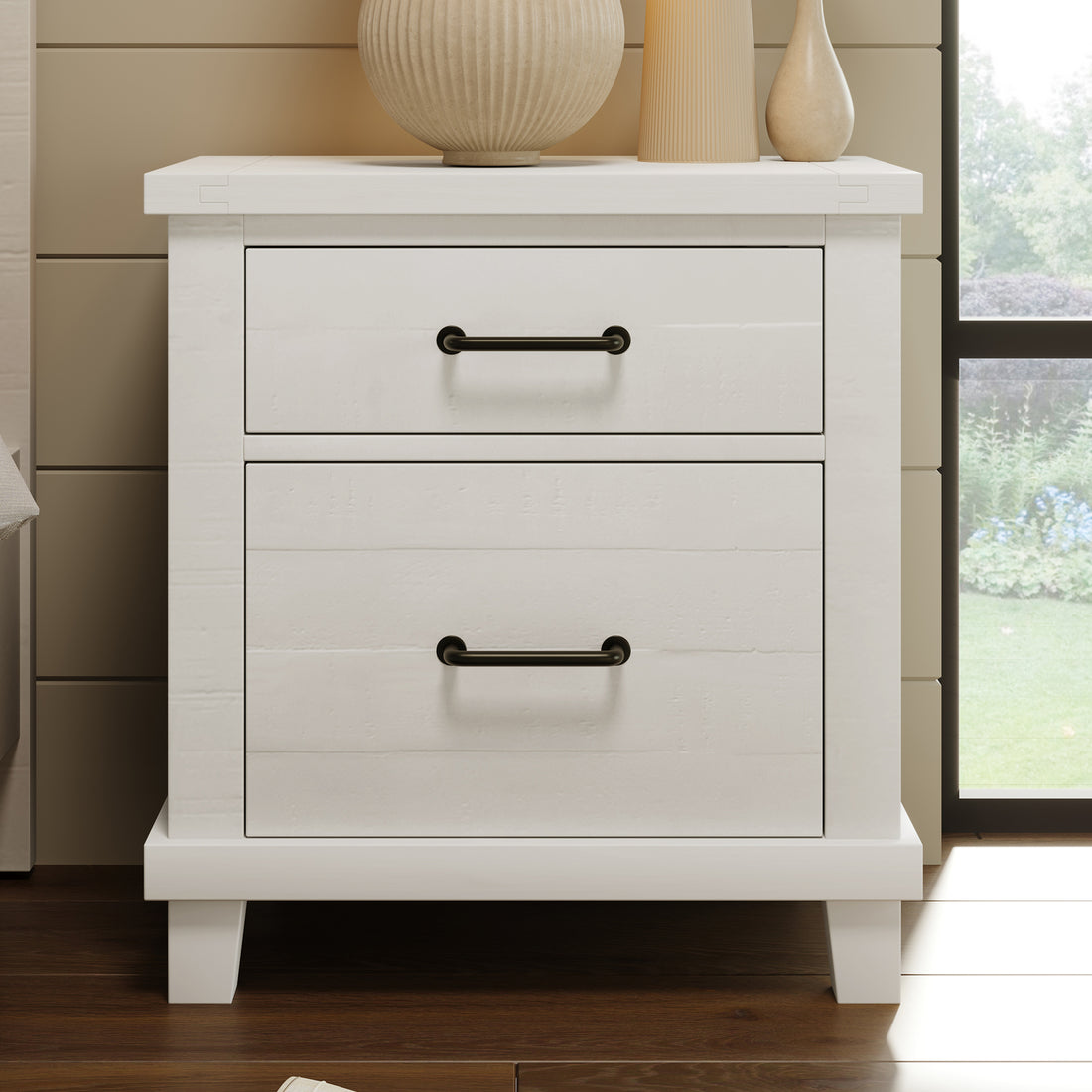 Rustic Farmhouse Style Solid Pine Wood Whitewash Two Drawer Nightstand For Bedroom, Living Room, White Old Sku:Wf301524Aak White Solid Wood Mdf