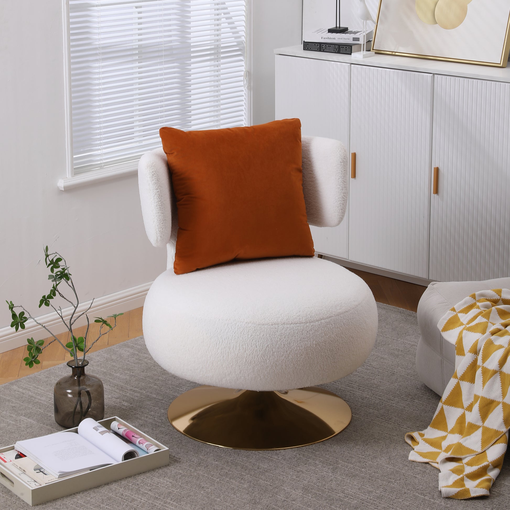 Swivel Accent Chair Armchair, Round Barrel Chair In Fabric For Living Room Bedroom White Primary Living Space American Design Foam Faux Fur