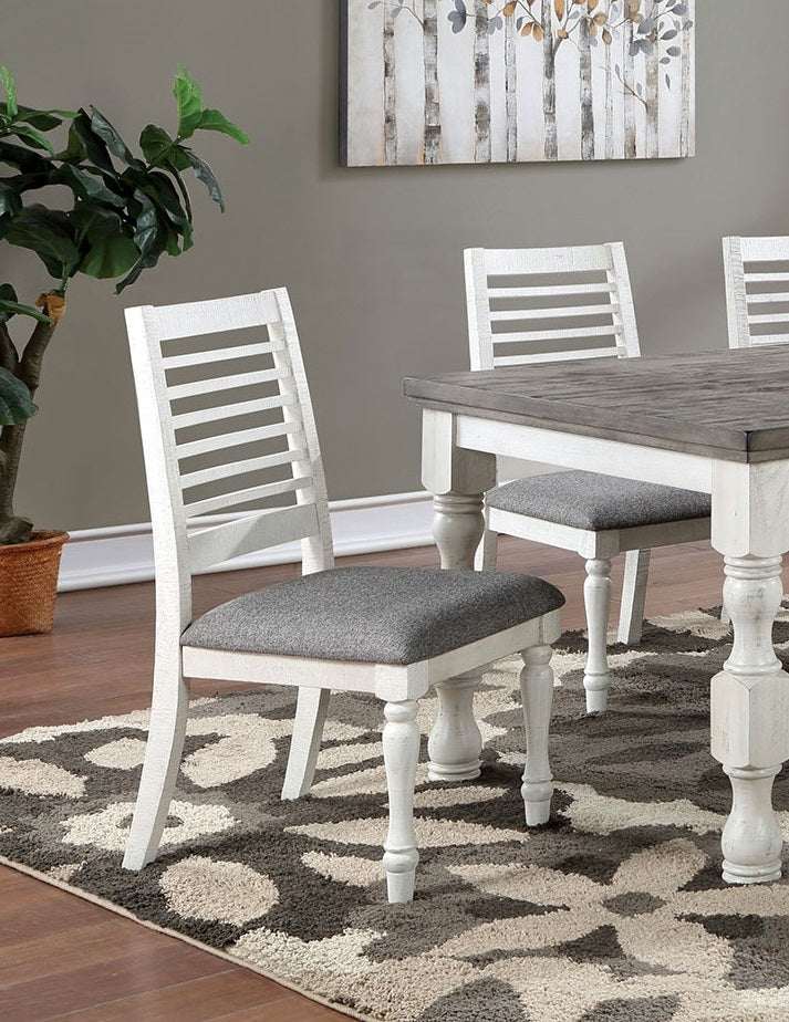 Majestic Rustic 2Pc Dining Chairs Only Antique White Solid Wood Gray Fabric Cushions Two Tone Turned Legs Chair Dining Room Furniture Antique White Gray White Dining Room Rustic Dining Chairs Ladder Back Solid Wood