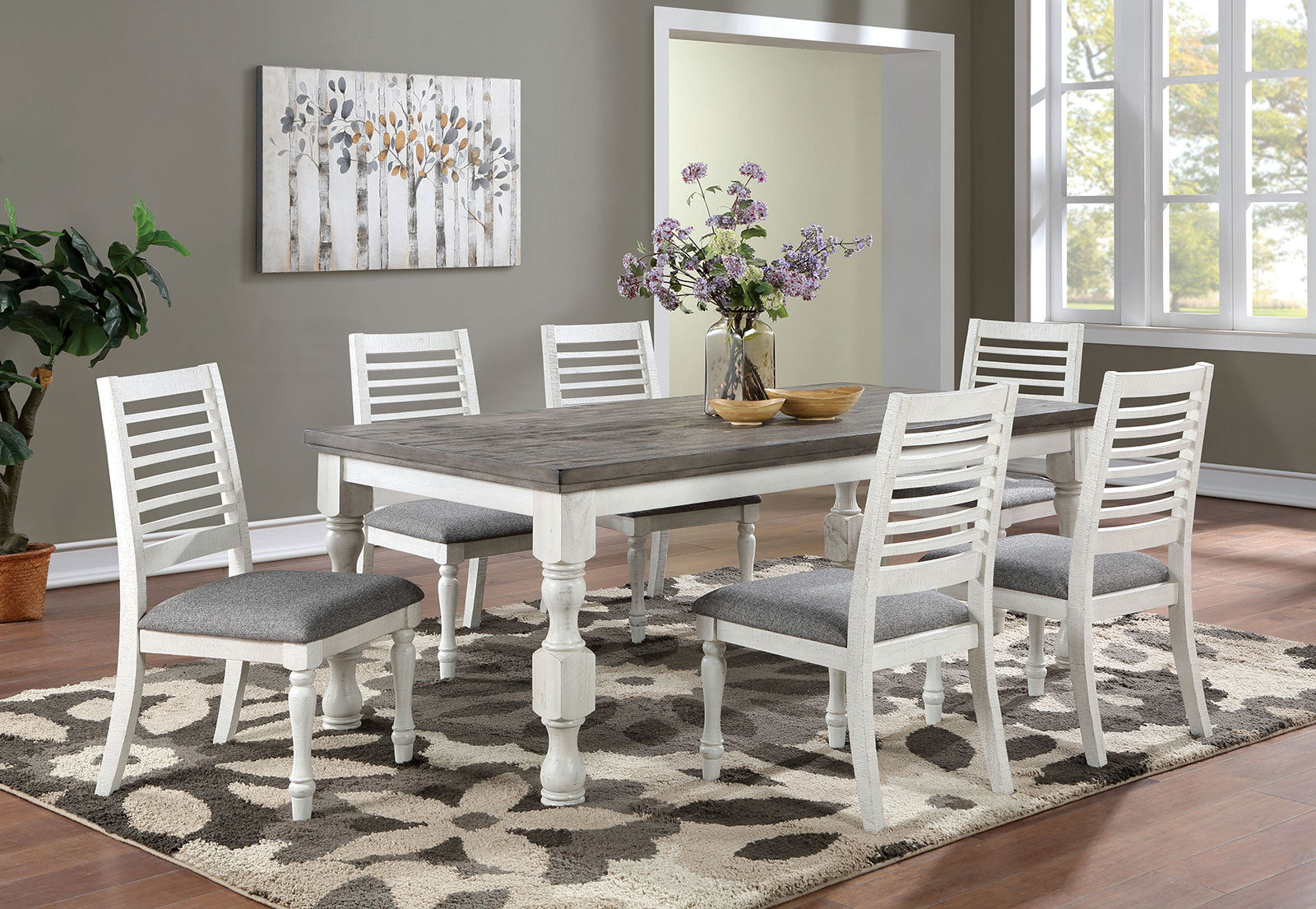 Majestic Rustic 2Pc Dining Chairs Only Antique White Solid Wood Gray Fabric Cushions Two Tone Turned Legs Chair Dining Room Furniture Antique White Gray White Dining Room Rustic Dining Chairs Ladder Back Solid Wood