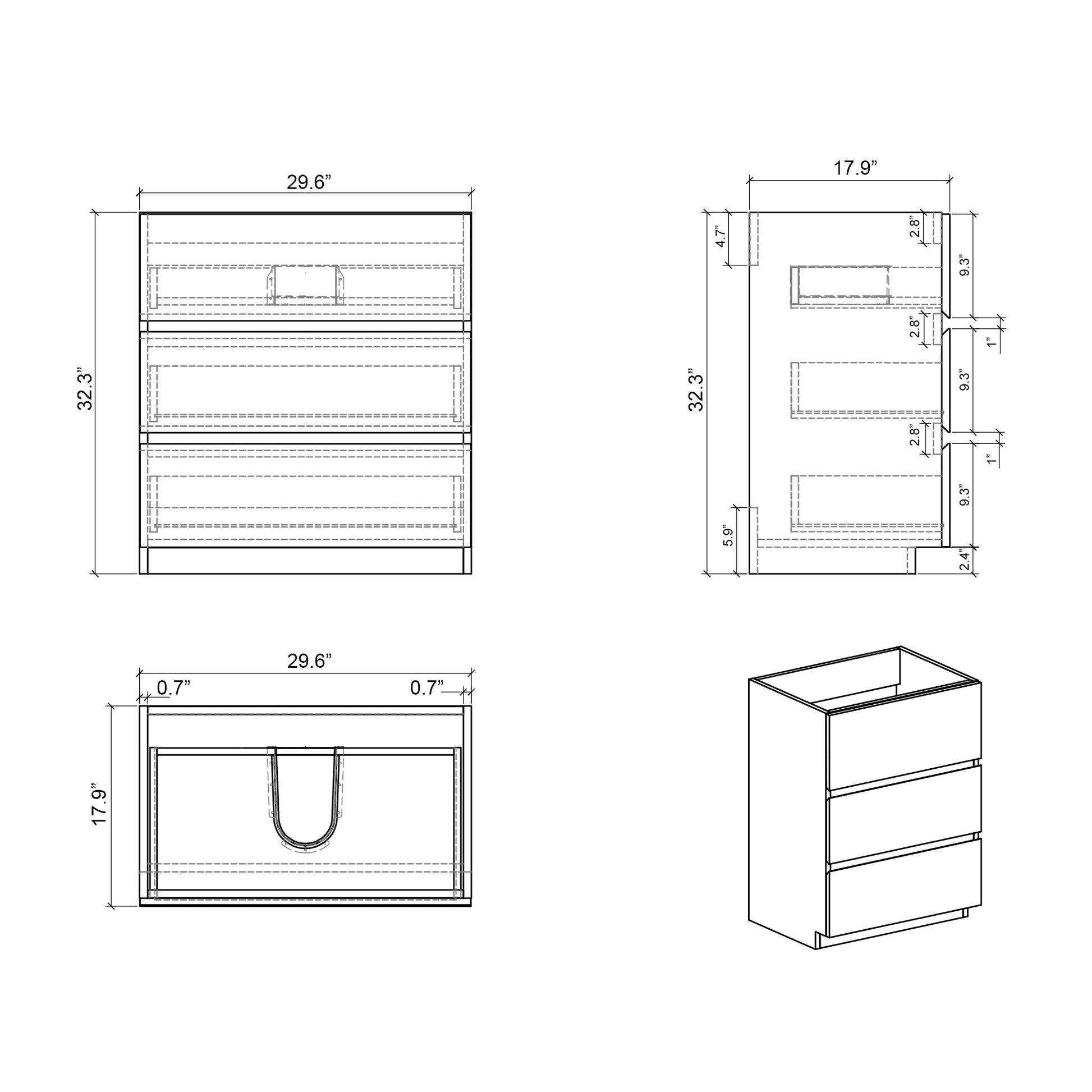 Alice 30F 102,Floor Cabinet Without Basin, Gray Color, With Three Drawers, Pre Assembled Gray Melamine