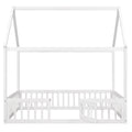 Full Size Wood House Bed With Fence And Door, White Wash White Pine