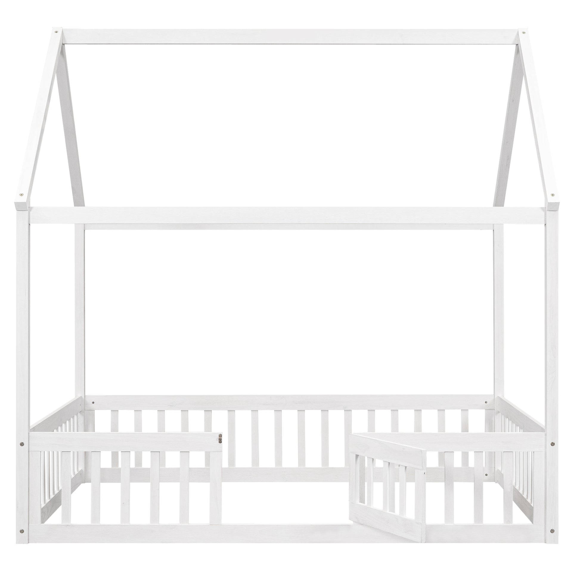Full Size Wood House Bed With Fence And Door, White Wash White Pine