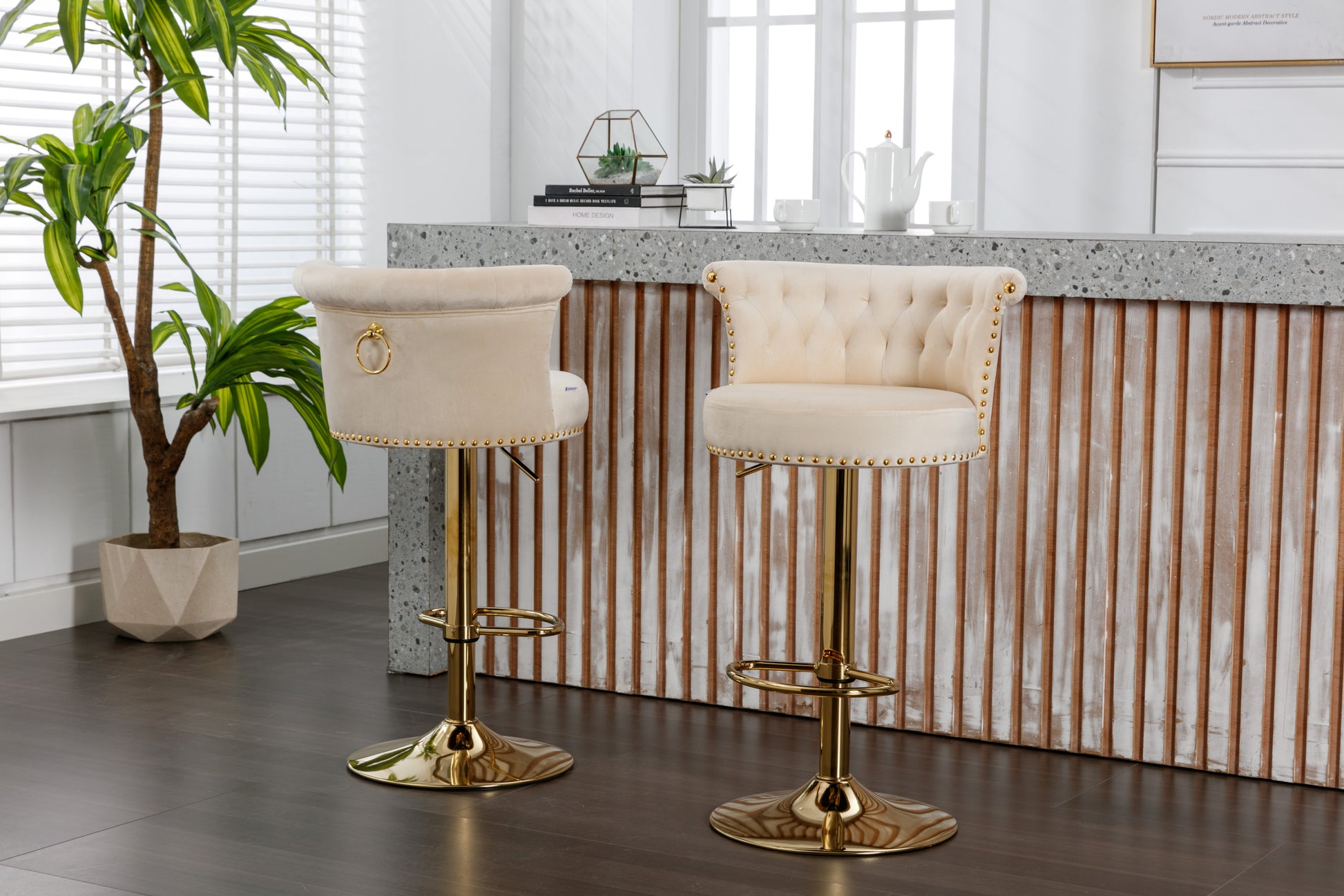 Coolmore Swivel Bar Stools Set Of 2 Adjustable Counter Height Chairs With Footrest For Kitchen, Dining Room 2Pc Set Beige Velvet