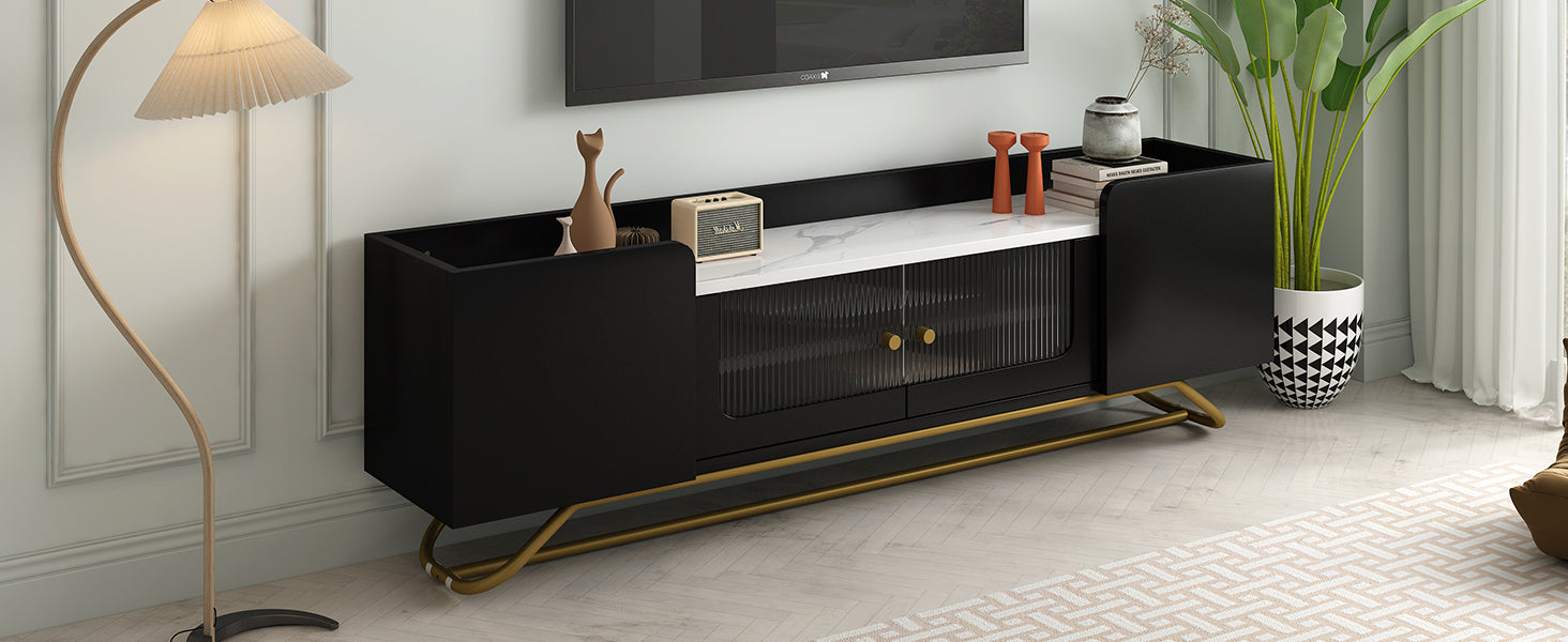 Sleek Design Tv Stand With Fluted Glass, Contemporary Entertainment Center For Tvs Up To 70", Faux Marble Top Tv Console Table With Gold Frame Base, Black Black Primary Living Space 70 79 Inches 70 79 Inches Modern 70 Inches Particle Board