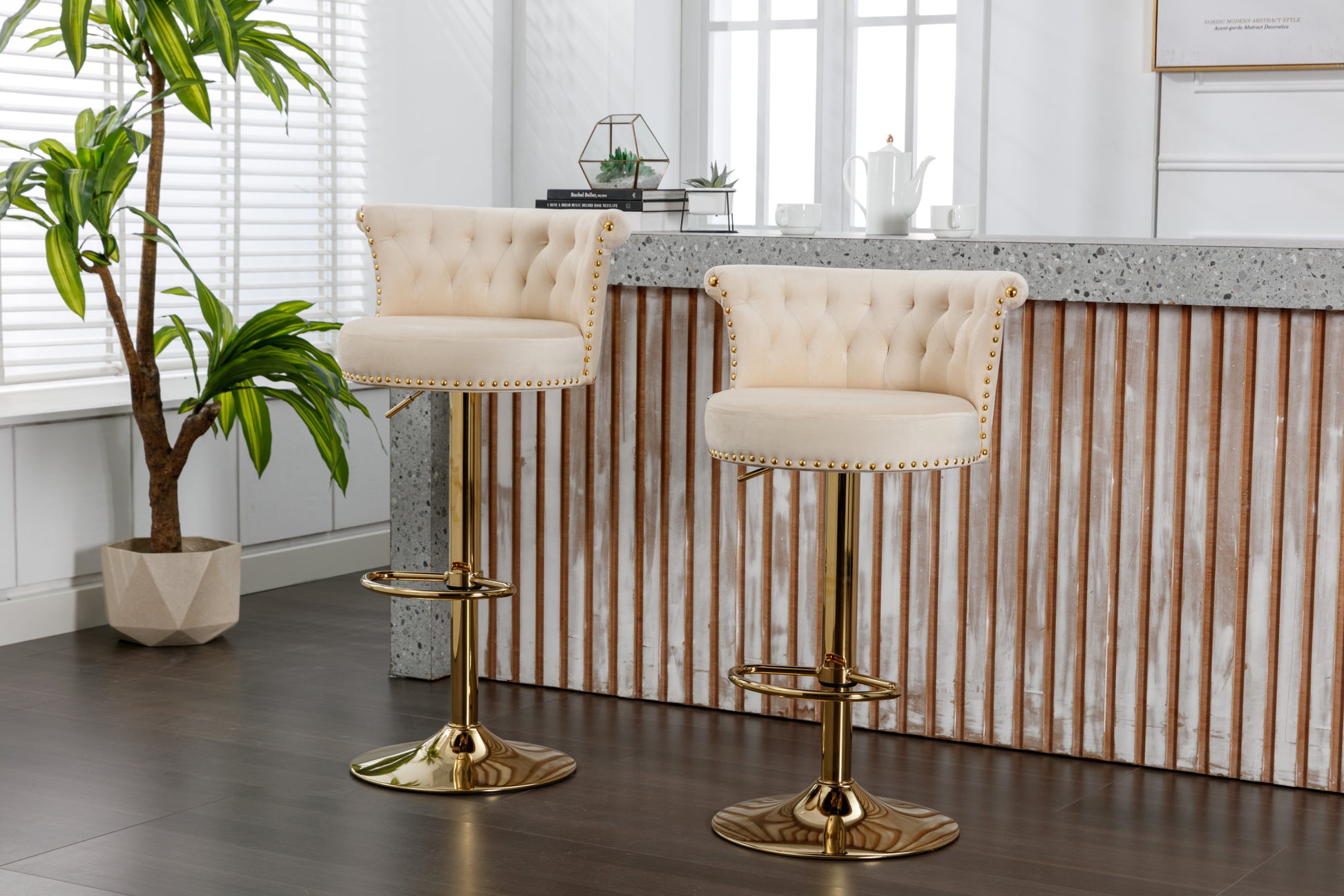 Coolmore Swivel Bar Stools Set Of 2 Adjustable Counter Height Chairs With Footrest For Kitchen, Dining Room 2Pc Set Beige Velvet