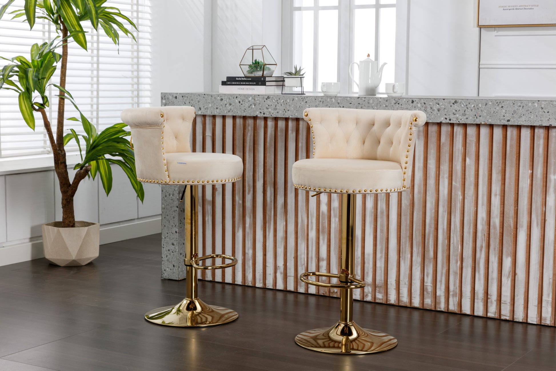 Coolmore Swivel Bar Stools Set Of 2 Adjustable Counter Height Chairs With Footrest For Kitchen, Dining Room 2Pc Set Beige Velvet