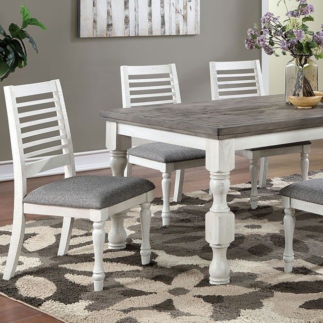 Majestic Rustic 2Pc Dining Chairs Only Antique White Solid Wood Gray Fabric Cushions Two Tone Turned Legs Chair Dining Room Furniture Antique White Gray White Dining Room Rustic Dining Chairs Ladder Back Solid Wood