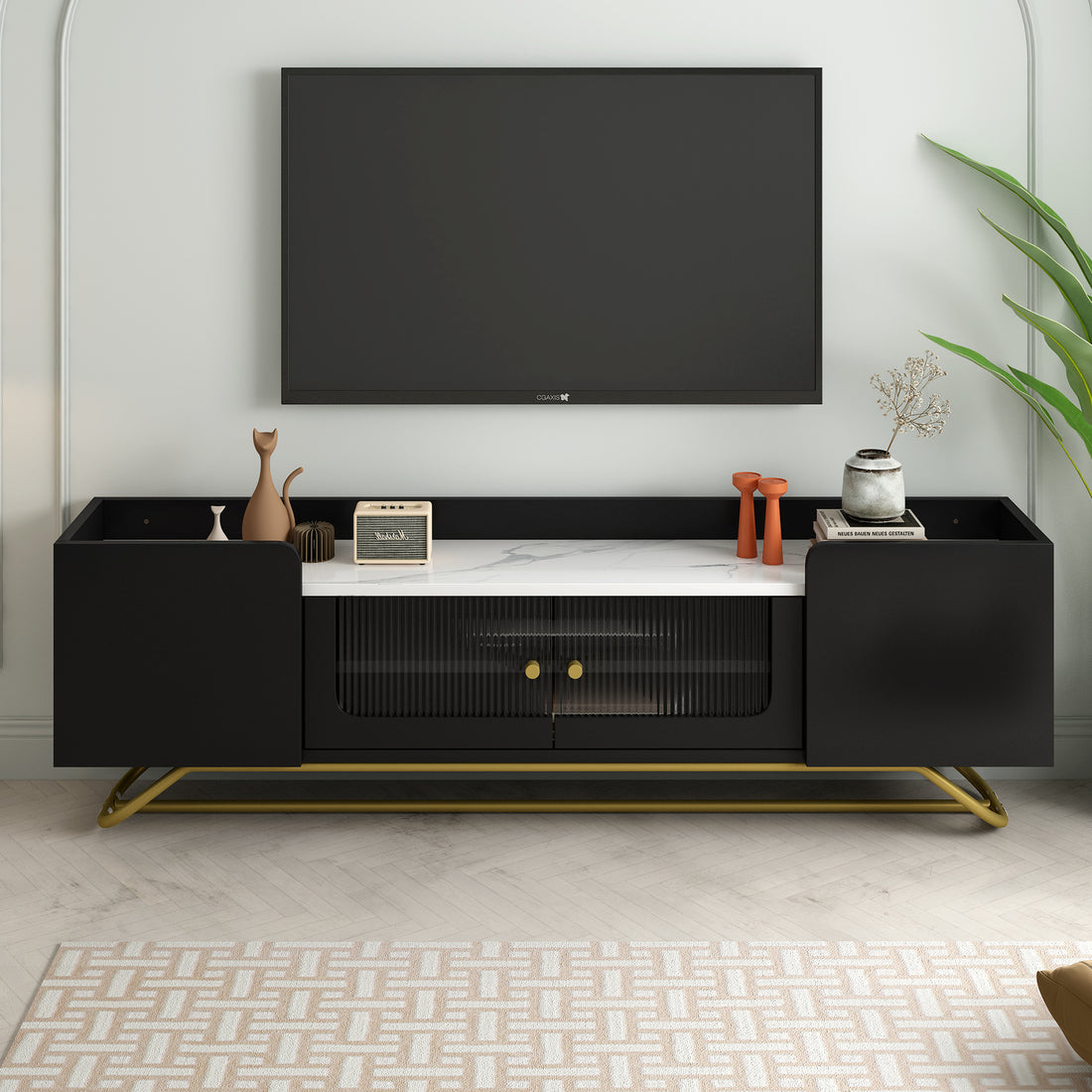 Sleek Design Tv Stand With Fluted Glass, Contemporary Entertainment Center For Tvs Up To 70", Faux Marble Top Tv Console Table With Gold Frame Base, Black Black Primary Living Space 70 79 Inches 70 79 Inches Modern 70 Inches Particle Board