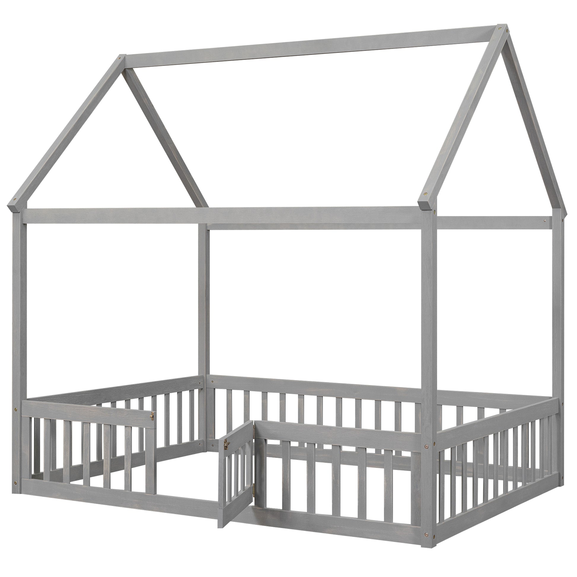 Full Size Wood House Bed With Fence And Door, Gray Wash Gray Pine