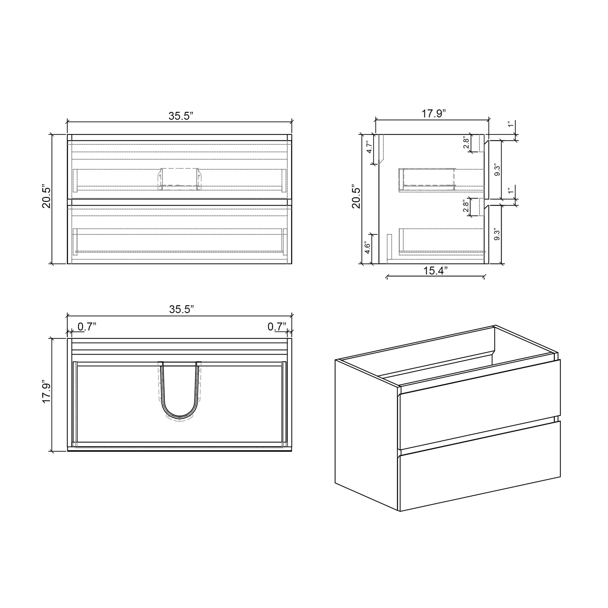 Alice 36W 105,Wall Mount Cabinet Without Basin, Walnut Color, With Two Drawers, Pre Assembled Walnut Melamine