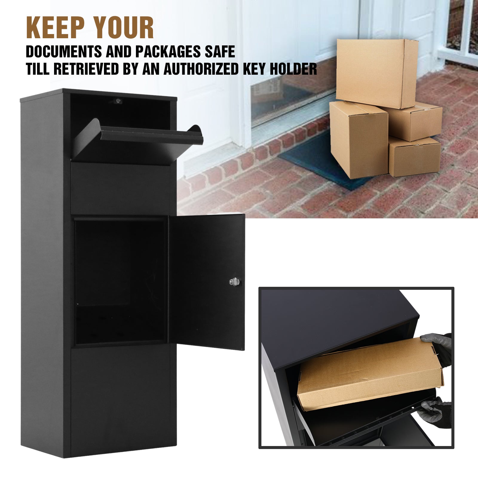 Large Package Delivery Parcel Mail Drop Box For Black, 10.5" X 15.5" X 41.30",With Lockable Storage Compartment Heavy Duty Weatherproof For Express Mail Delivery For Home & Business Use Black Steel