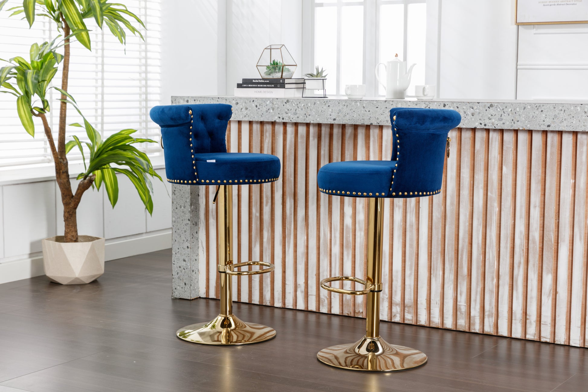 Coolmore Swivel Bar Stools Set Of 2 Adjustable Counter Height Chairs With Footrest For Kitchen, Dining Room 2Pc Set Navy Velvet