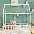 Full Size Wood House Bed With Fence And Door, White Wash White Pine