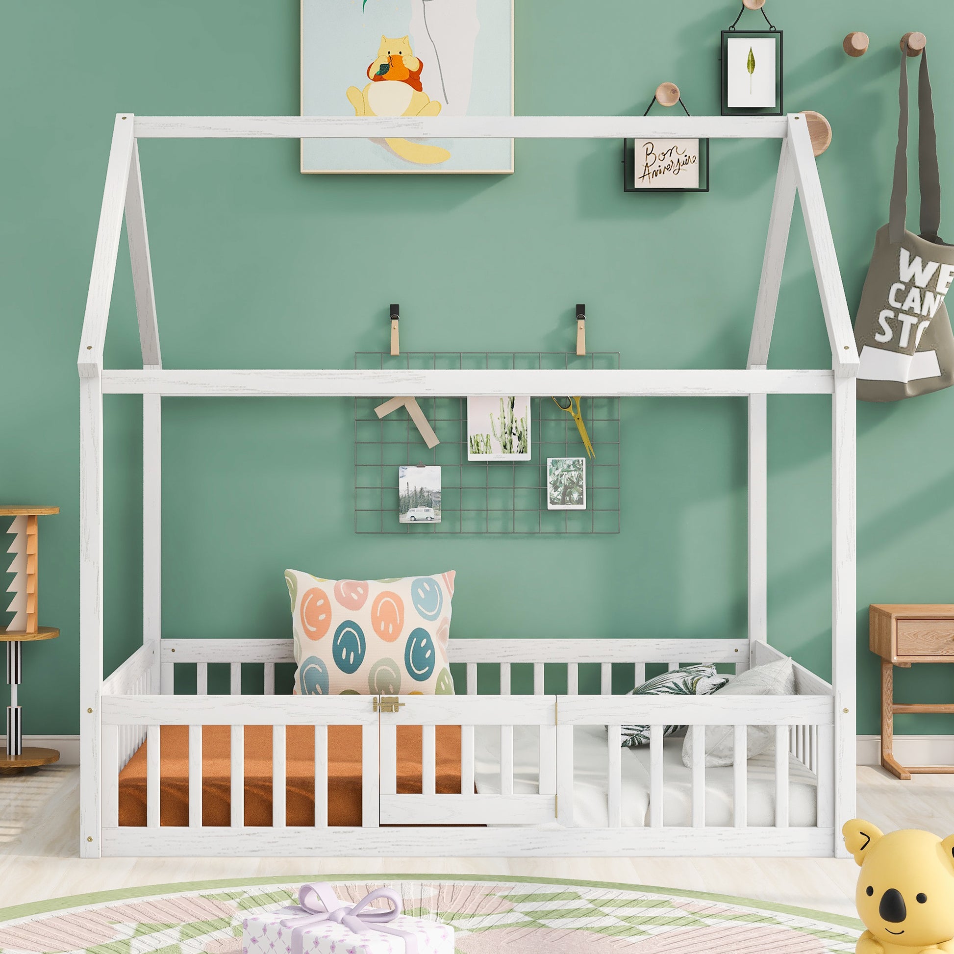 Full Size Wood House Bed With Fence And Door, White Wash White Pine