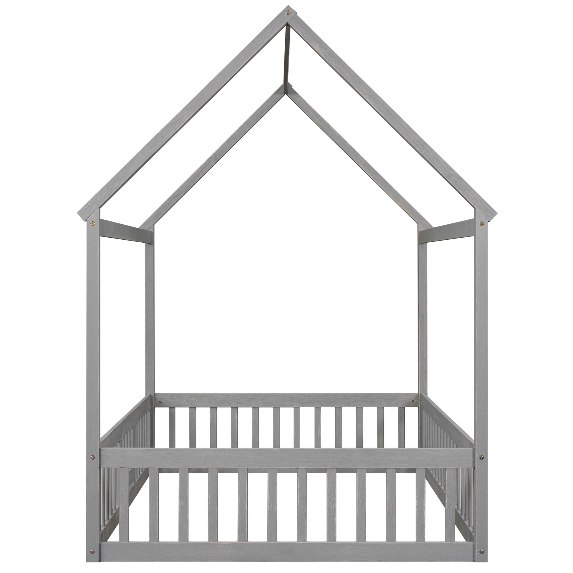 Full Size Wood House Bed With Fence And Door, Gray Wash Gray Pine