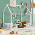 Full Size Wood House Bed With Fence And Door, White Wash White Pine