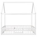 Full Size Wood House Bed With Fence And Door, White Wash White Pine