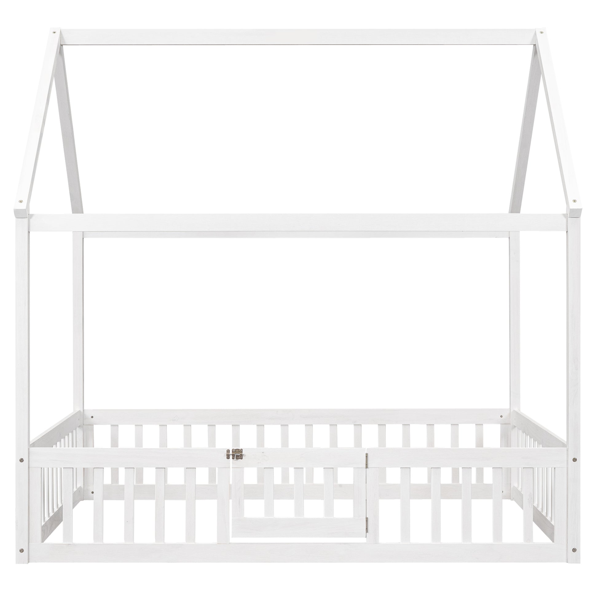 Full Size Wood House Bed With Fence And Door, White Wash White Pine