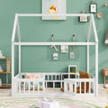 Full Size Wood House Bed With Fence And Door, White Wash White Pine