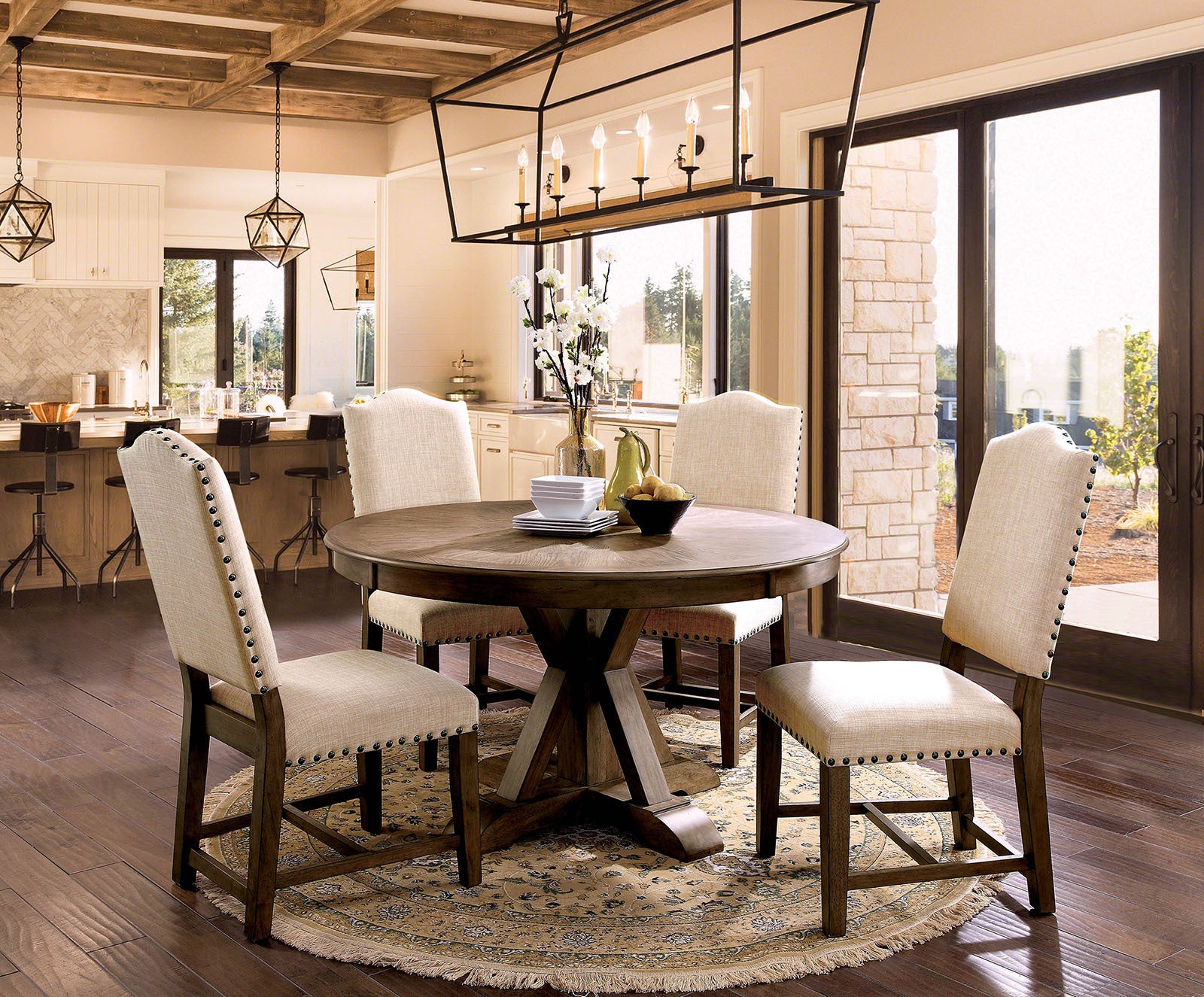 Rustic Classic 2Pcs Dining Chairs Beige Fabric Upholstered Cushion Side Chairs Trim Kitchen Dining Room Solid Wood Light Oak Beige Dining Room Rustic,Transitional Dining Chairs Solid Back Solid Wood