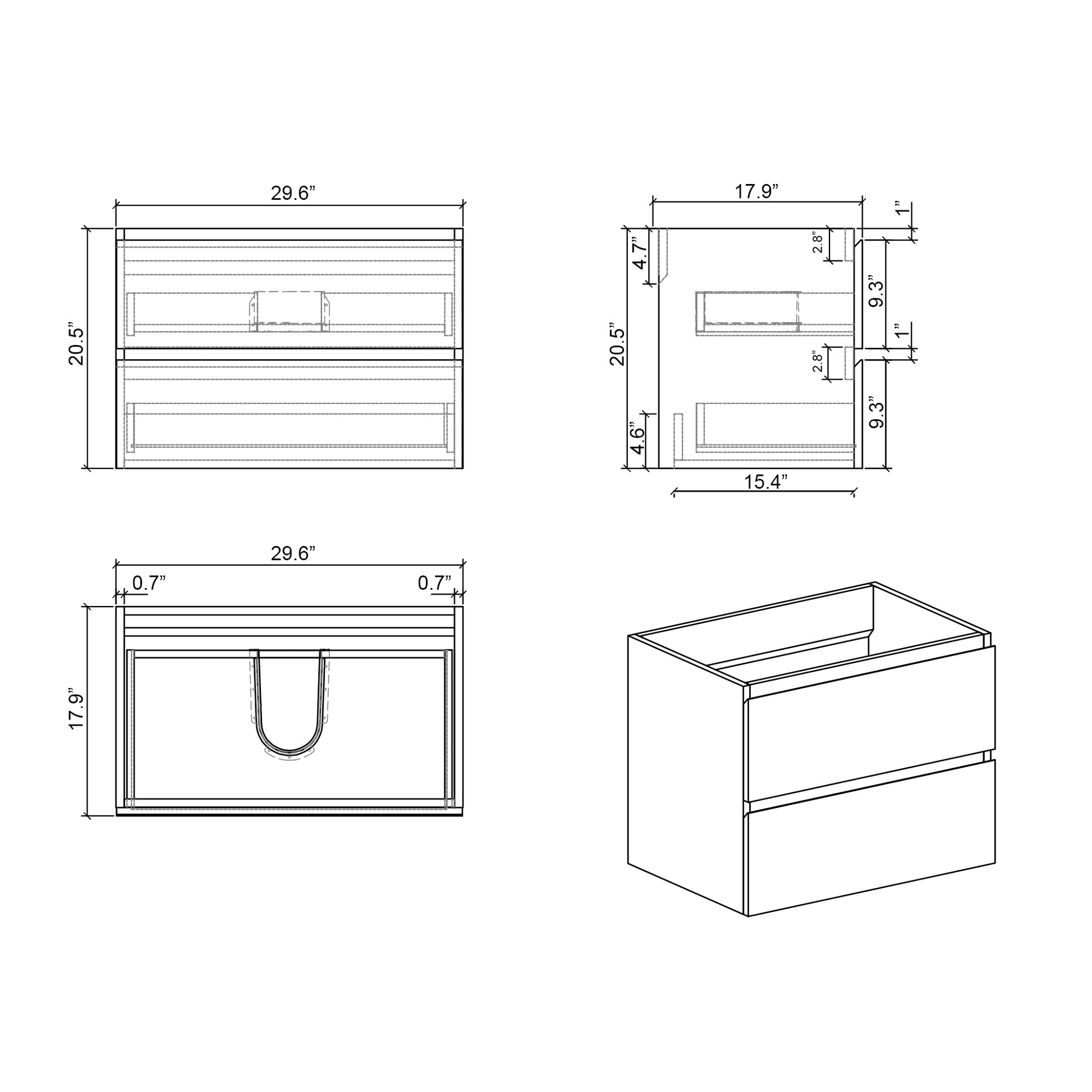 Alice 30W 105,Wall Mount Cabinet Without Basin, Walnut Color, With Two Drawers, Pre Assembled Walnut Melamine