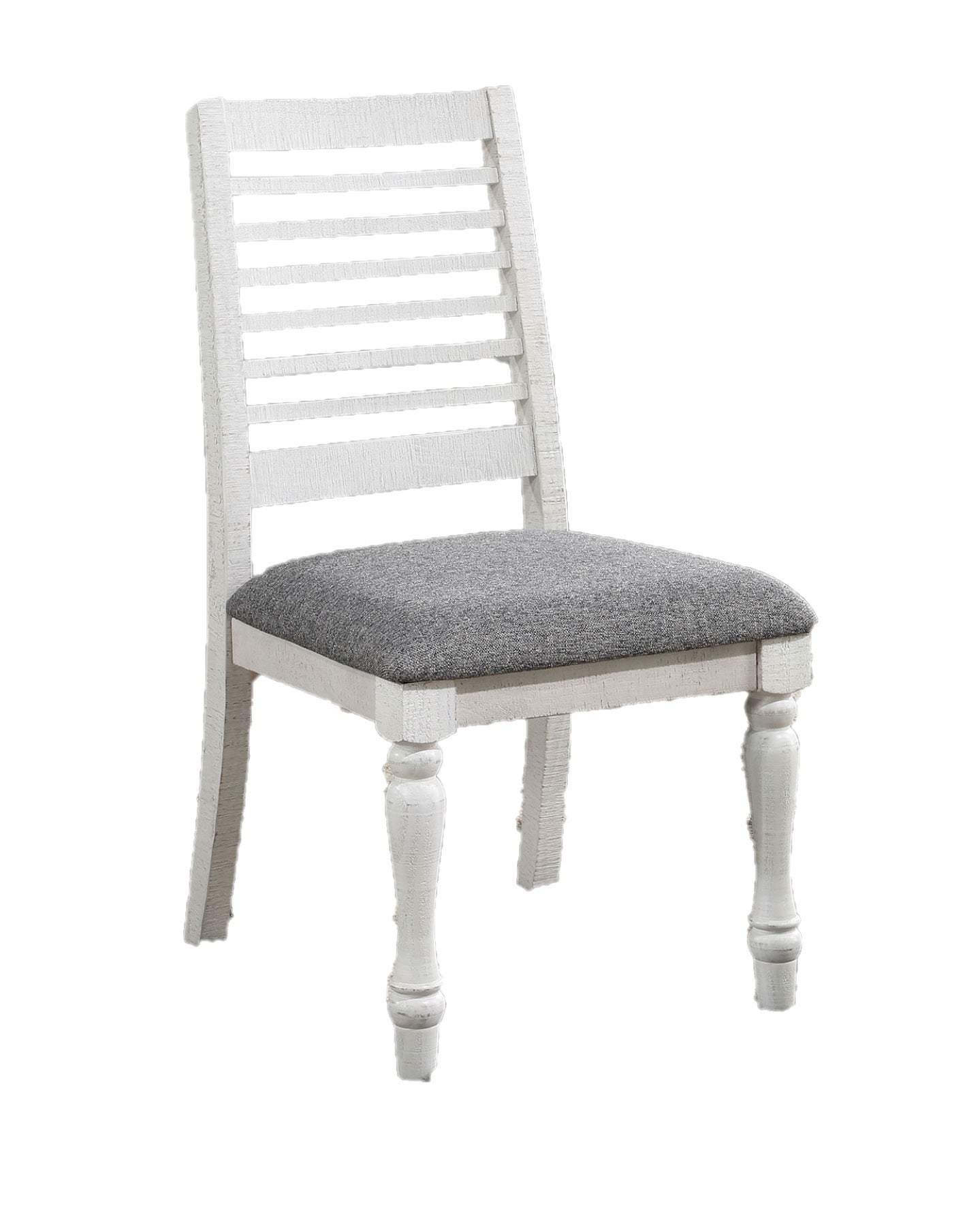 Majestic Rustic 2Pc Dining Chairs Only Antique White Solid Wood Gray Fabric Cushions Two Tone Turned Legs Chair Dining Room Furniture Antique White Gray White Dining Room Rustic Dining Chairs Ladder Back Solid Wood