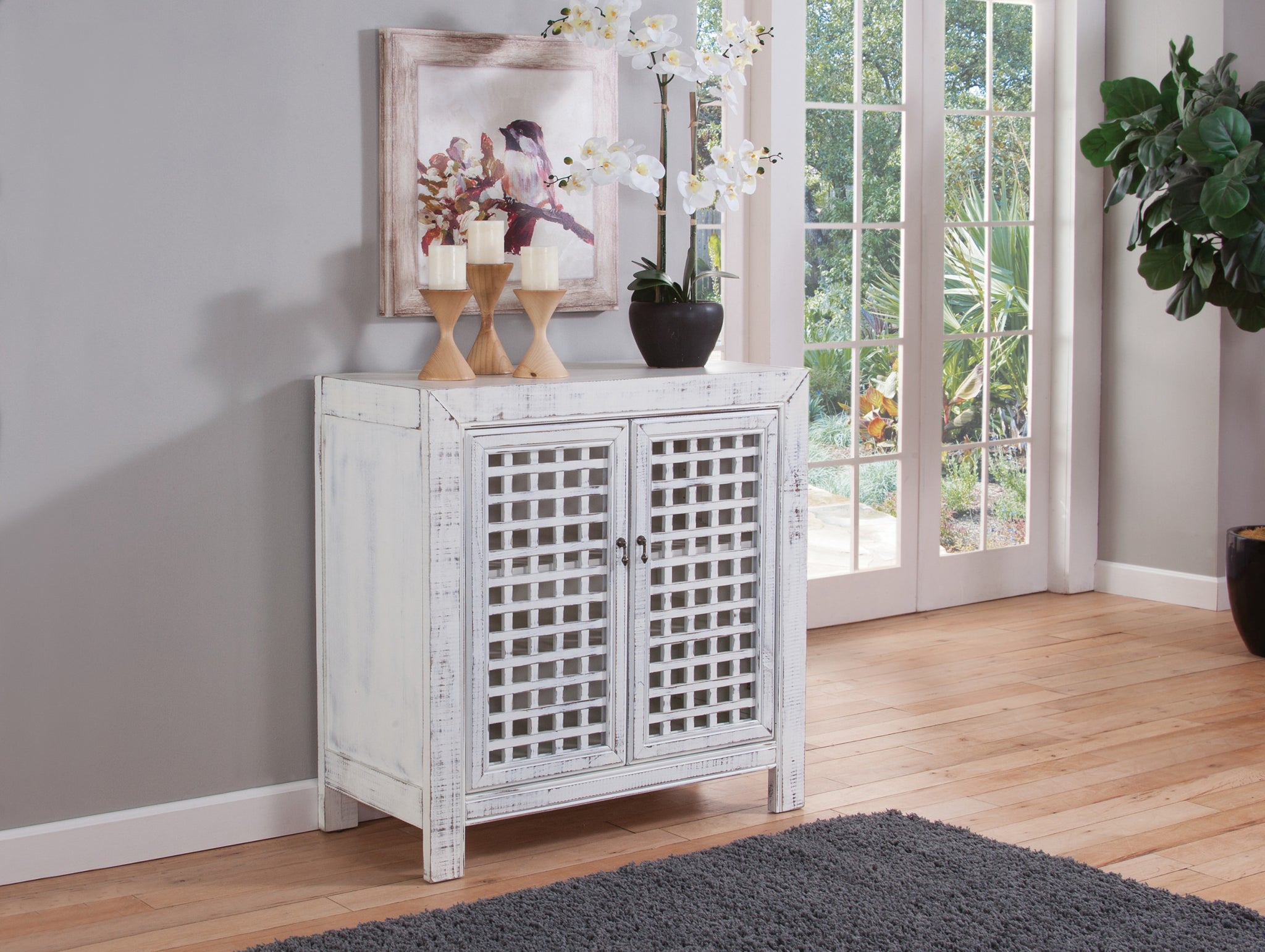 Rio Accent Cabinet Vintage Pie Safe Inspiration Lattice Work Front, Remote Friendly Farmhouse Style, Distressed White Finish Perfect For Casual D Cor White Solid Wood Mdf