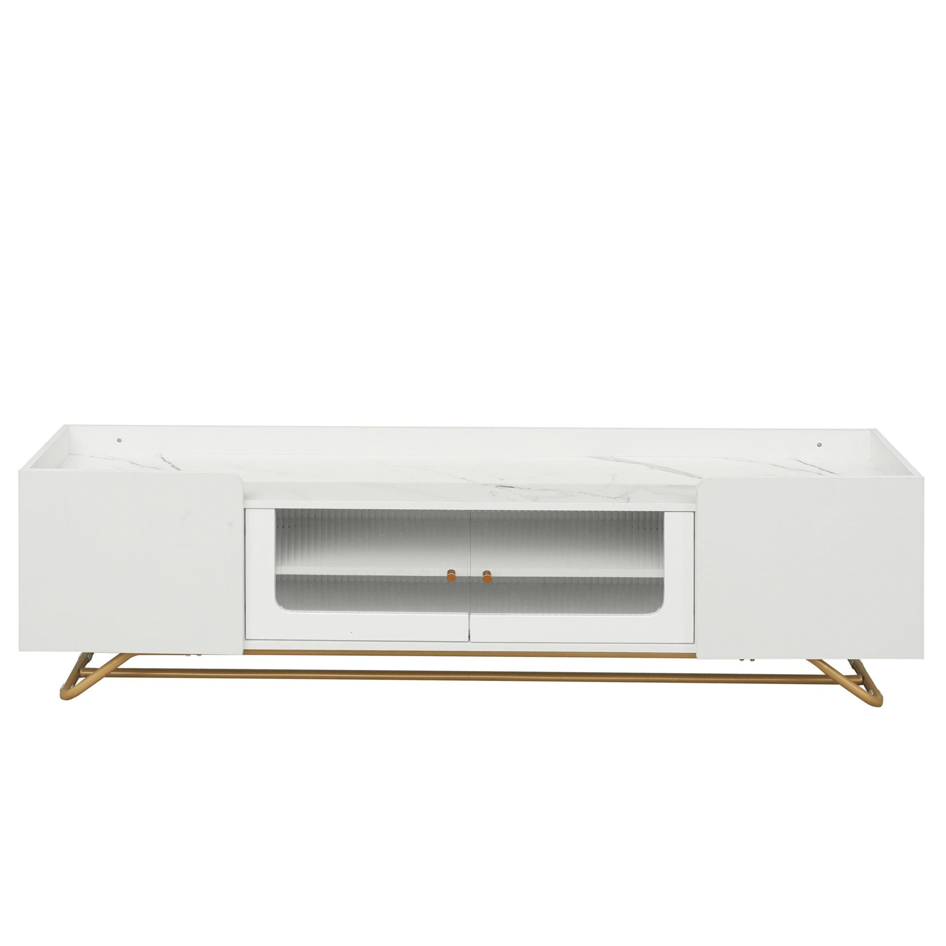 Sleek Design Tv Stand With Fluted Glass, Contemporary Entertainment Center For Tvs Up To 70", Faux Marble Top Tv Console Table With Gold Frame Base, White White Primary Living Space 70 79 Inches 70 79 Inches Modern 70 Inches Particle Board