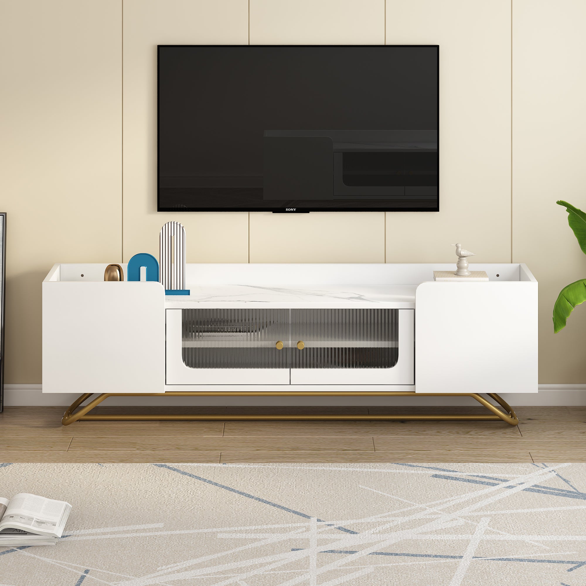 Sleek Design Tv Stand With Fluted Glass, Contemporary Entertainment Center For Tvs Up To 70", Faux Marble Top Tv Console Table With Gold Frame Base, White White Primary Living Space 70 79 Inches 70 79 Inches Modern 70 Inches Particle Board