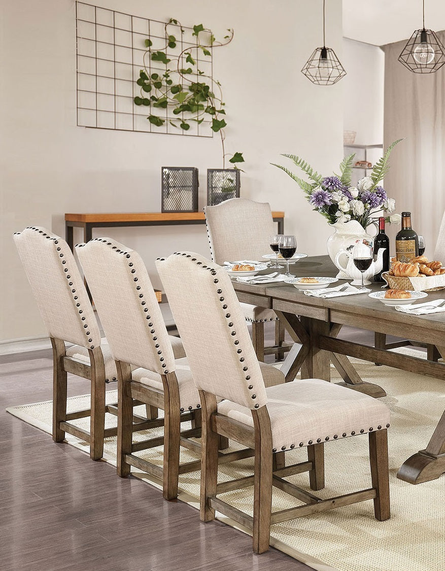 Rustic Classic 2Pcs Dining Chairs Beige Fabric Upholstered Cushion Side Chairs Trim Kitchen Dining Room Solid Wood Light Oak Beige Dining Room Rustic,Transitional Dining Chairs Solid Back Solid Wood