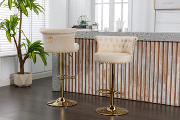 Coolmore Swivel Bar Stools Set Of 2 Adjustable Counter Height Chairs With Footrest For Kitchen, Dining Room 2Pc Set Beige Velvet