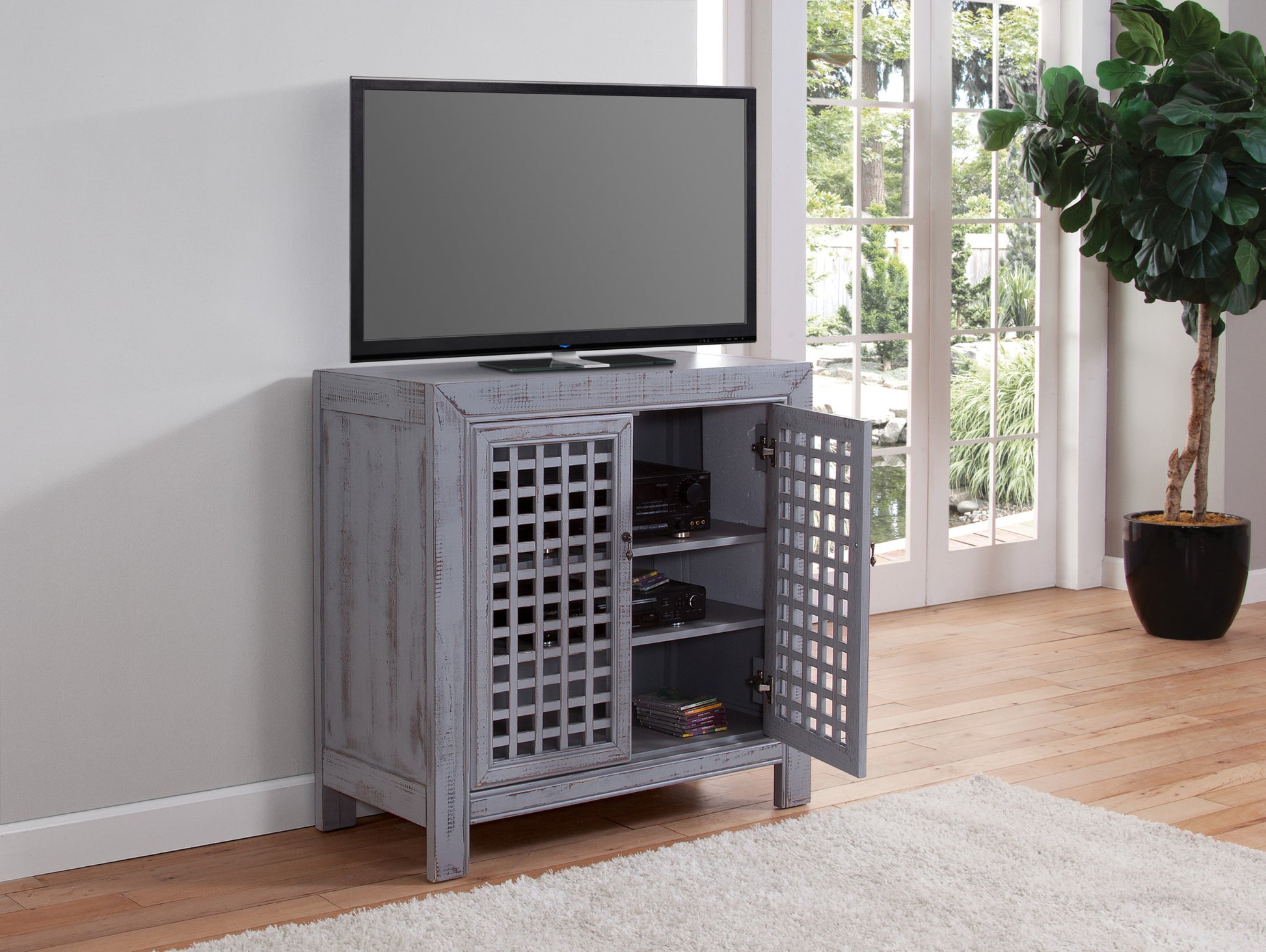 Farmhouse Inspired Accent Cabinet Lattice Work Front, Distressed Grey Finish Grey Solid Wood Mdf