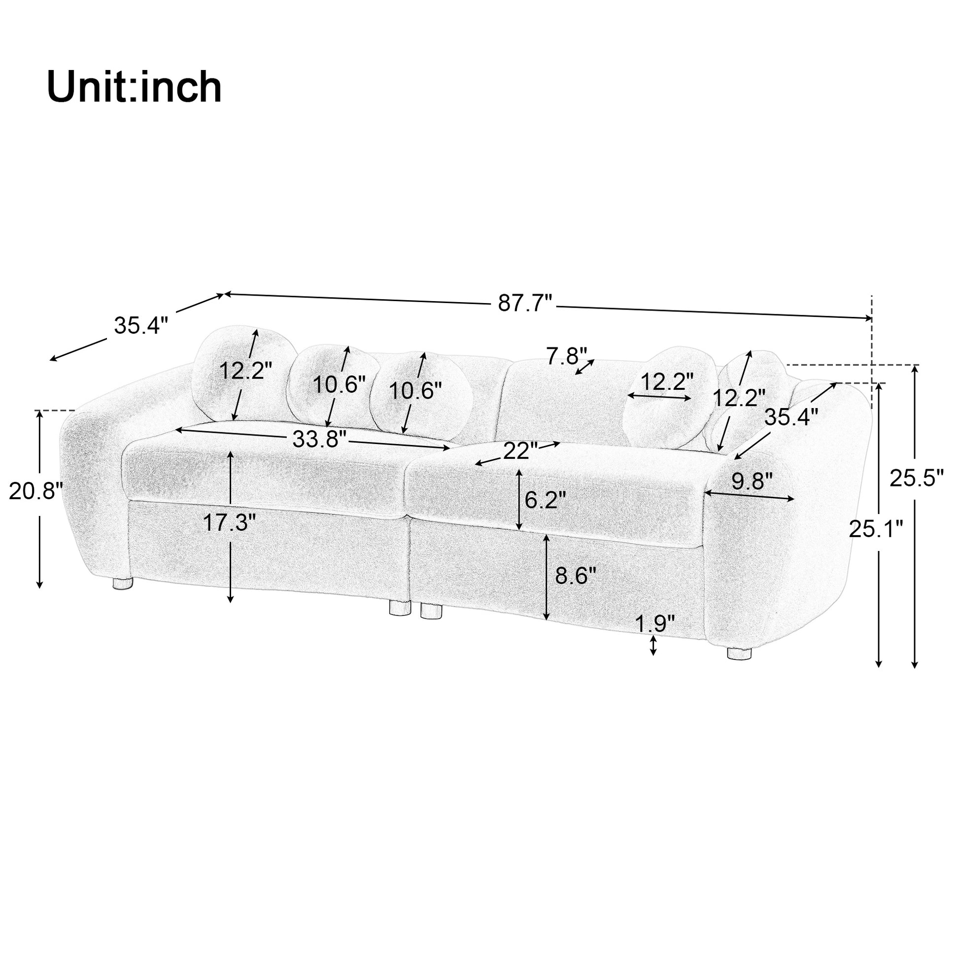 87.7" Modern Curved Sofa, Back Upholstered Couch With 5 Decorative Throw Pillows, Teddy Fabric Couch For Living Room, Office, Apartment Beige Polyester
