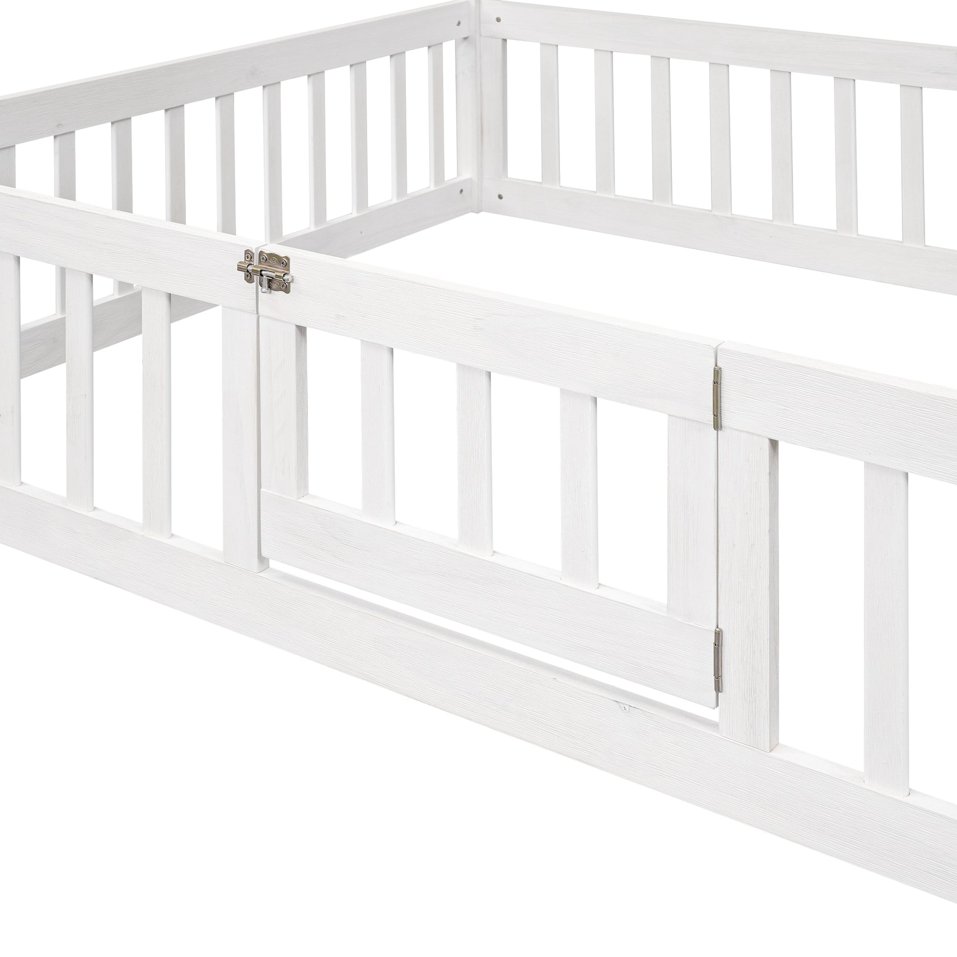 Full Size Wood House Bed With Fence And Door, White Wash White Pine