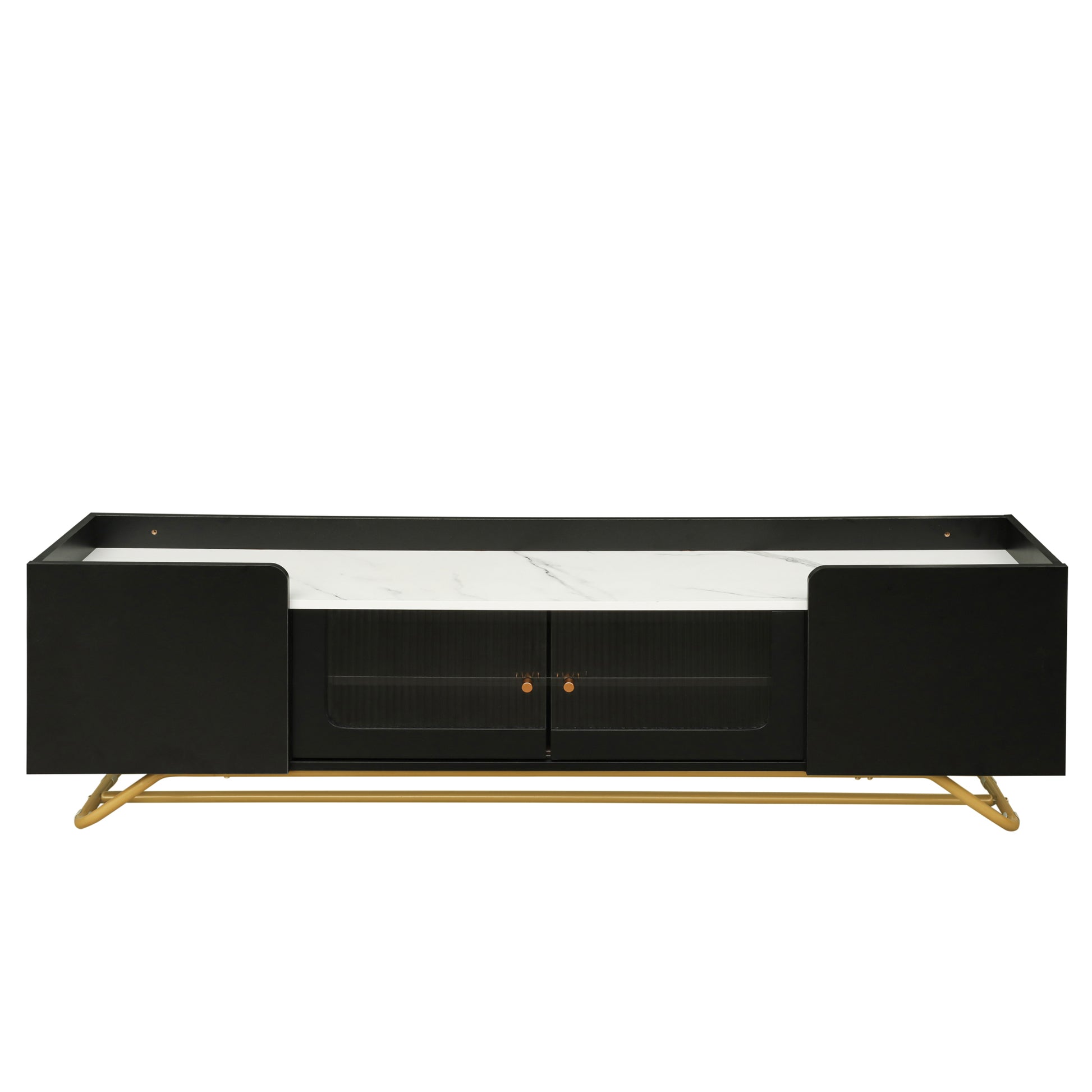 Sleek Design Tv Stand With Fluted Glass, Contemporary Entertainment Center For Tvs Up To 70", Faux Marble Top Tv Console Table With Gold Frame Base, Black Black Primary Living Space 70 79 Inches 70 79 Inches Modern 70 Inches Particle Board