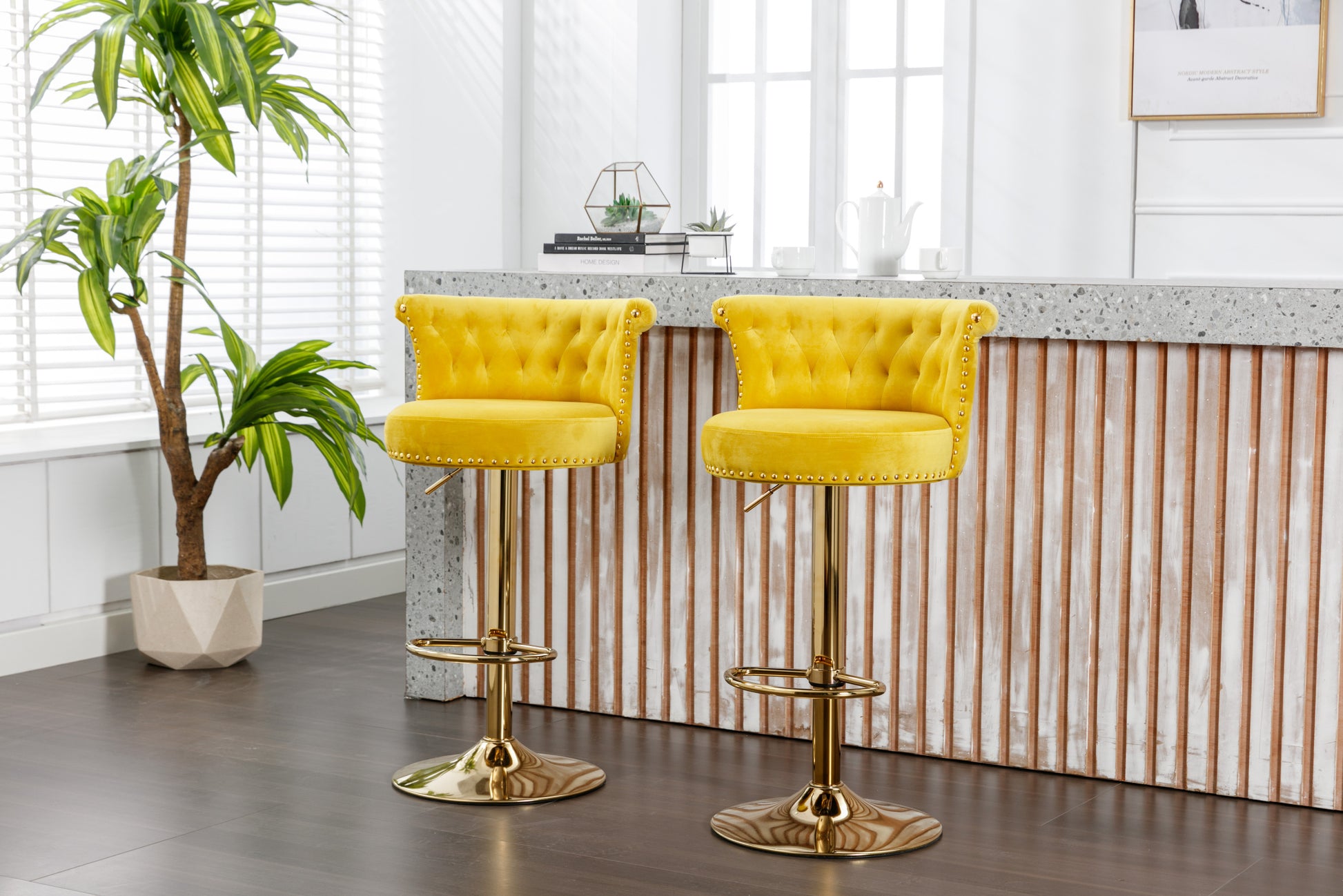 Coolmore Swivel Bar Stools Set Of 2 Adjustable Counter Height Chairs With Footrest For Kitchen, Dining Room 2Pc Set Yellow Velvet