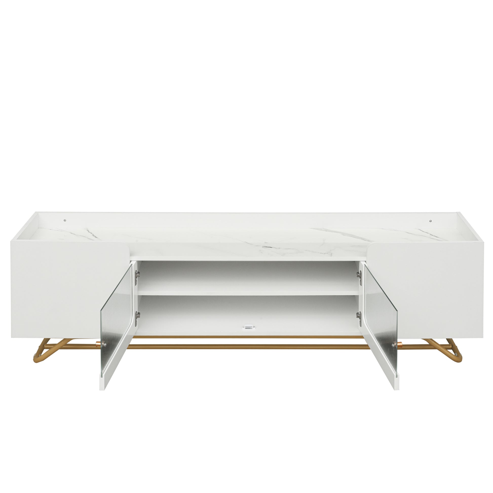 Sleek Design Tv Stand With Fluted Glass, Contemporary Entertainment Center For Tvs Up To 70", Faux Marble Top Tv Console Table With Gold Frame Base, White White Primary Living Space 70 79 Inches 70 79 Inches Modern 70 Inches Particle Board