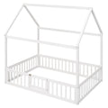 Full Size Wood House Bed With Fence And Door, White Wash White Pine