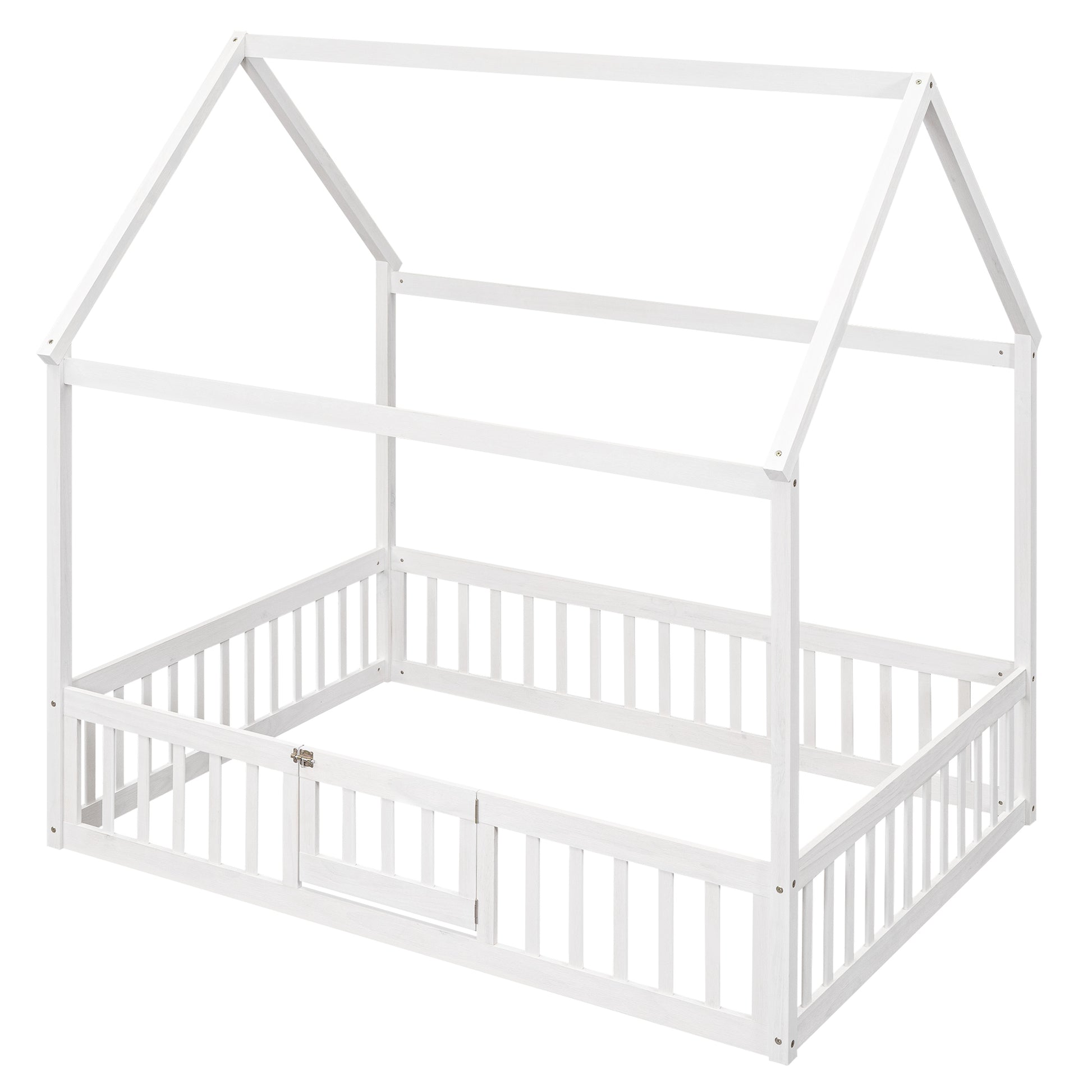 Full Size Wood House Bed With Fence And Door, White Wash White Pine
