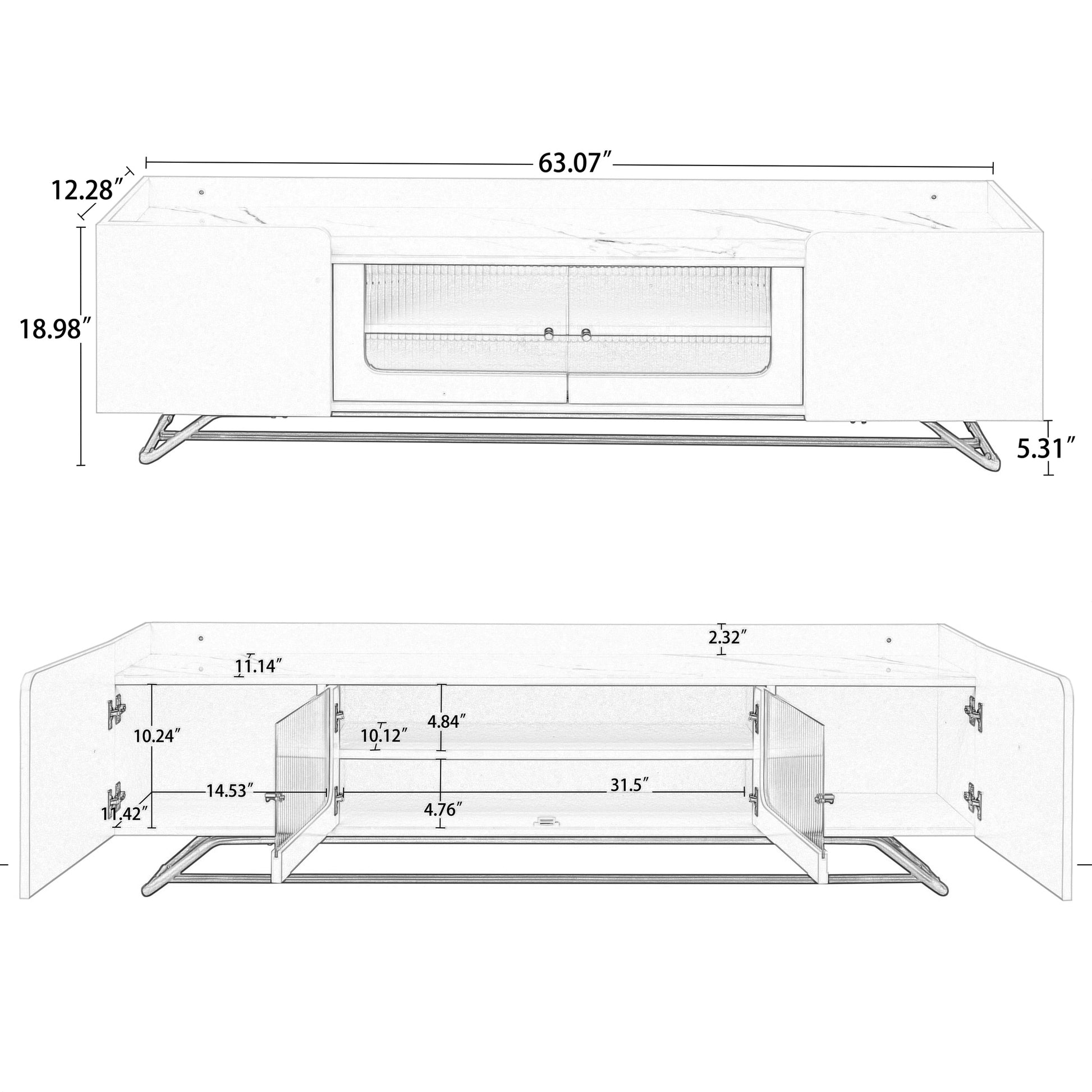 Sleek Design Tv Stand With Fluted Glass, Contemporary Entertainment Center For Tvs Up To 70", Faux Marble Top Tv Console Table With Gold Frame Base, Black Black Primary Living Space 70 79 Inches 70 79 Inches Modern 70 Inches Particle Board