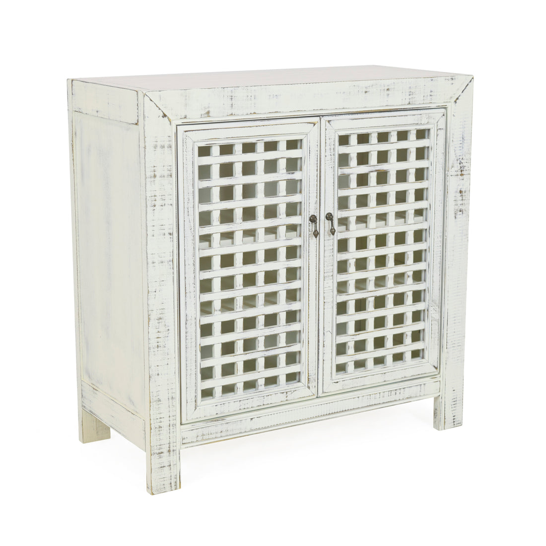 Rio Accent Cabinet Vintage Pie Safe Inspiration Lattice Work Front, Remote Friendly Farmhouse Style, Distressed White Finish Perfect For Casual D Cor White Solid Wood Mdf