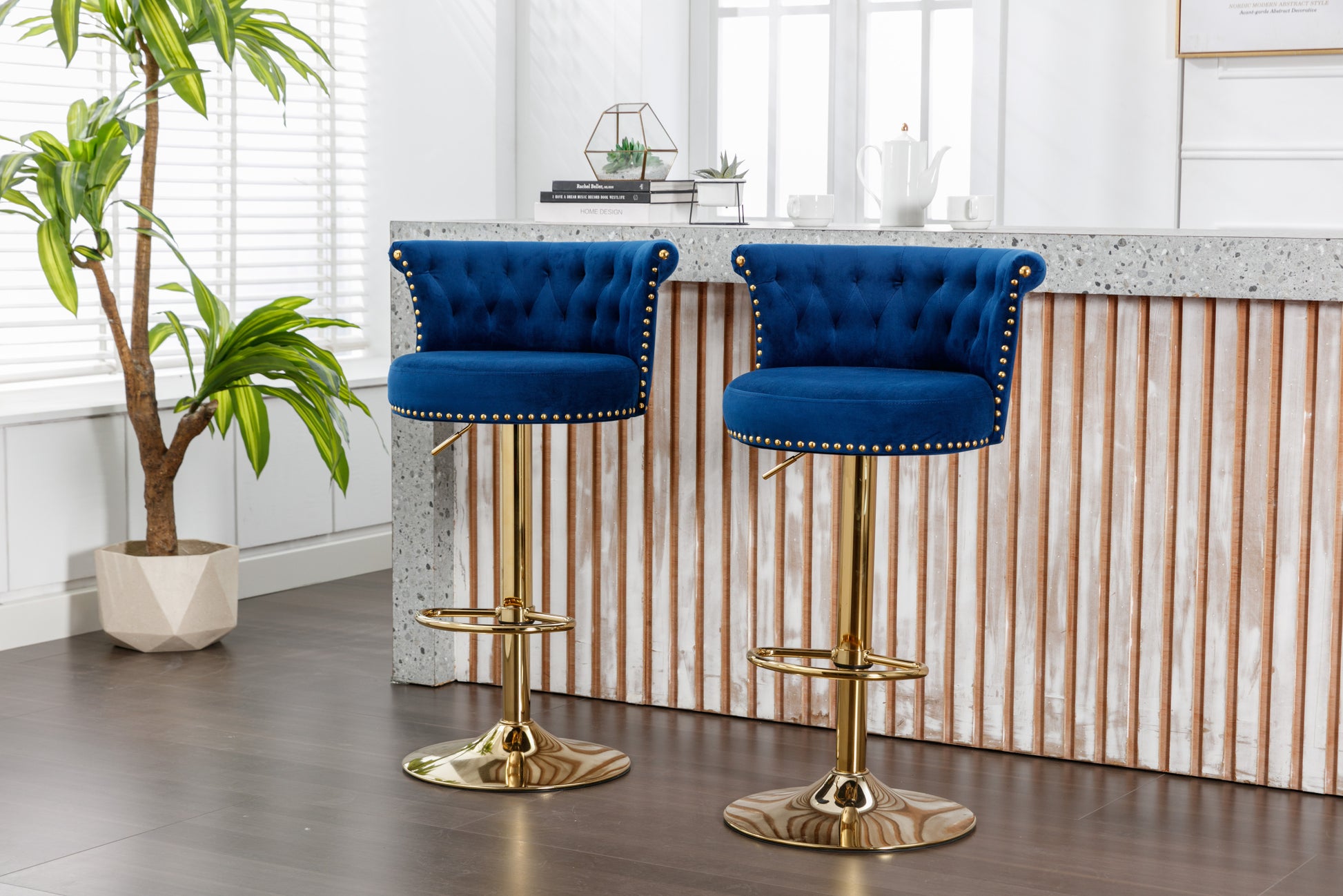 Coolmore Swivel Bar Stools Set Of 2 Adjustable Counter Height Chairs With Footrest For Kitchen, Dining Room 2Pc Set Navy Velvet