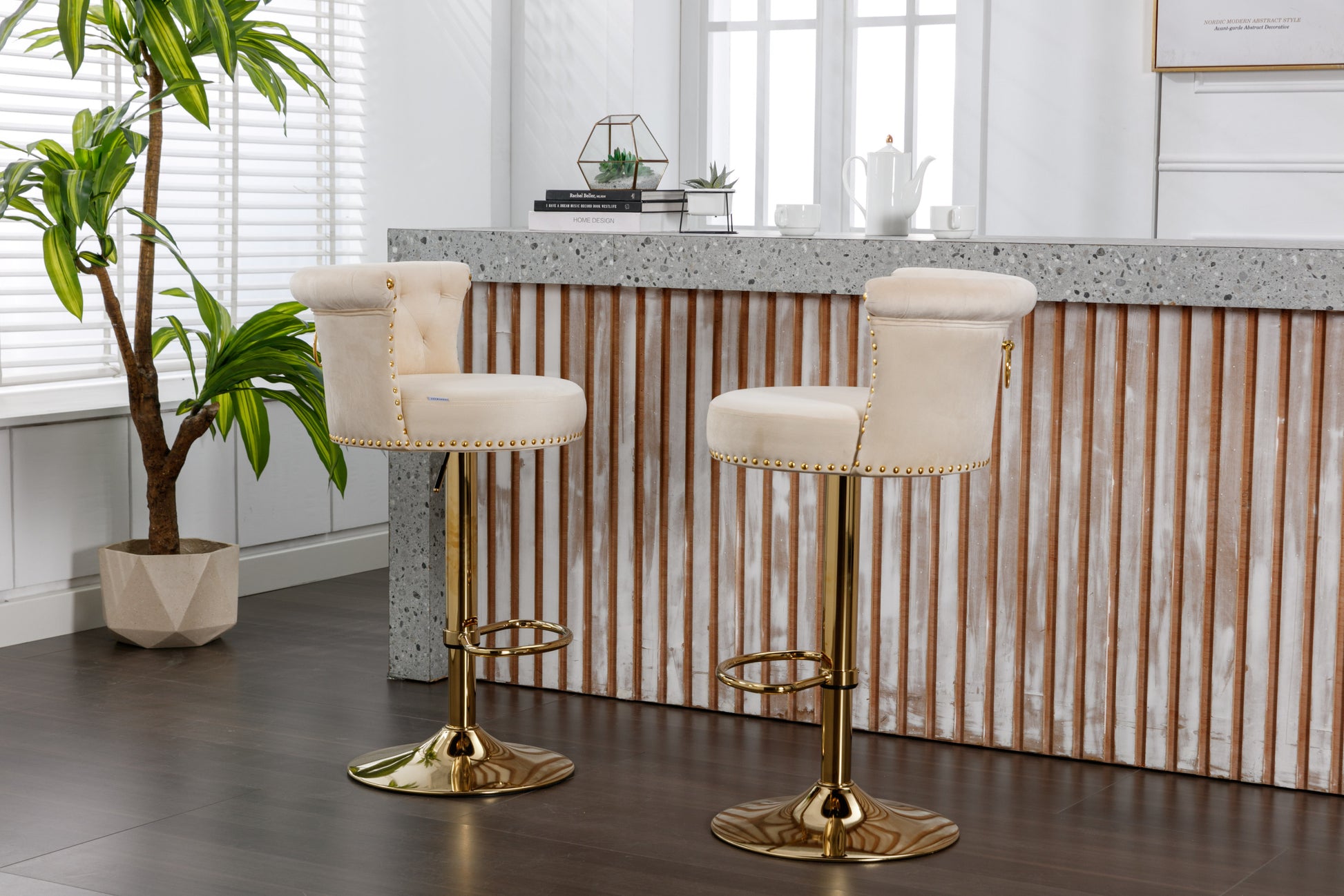 Coolmore Swivel Bar Stools Set Of 2 Adjustable Counter Height Chairs With Footrest For Kitchen, Dining Room 2Pc Set Beige Velvet