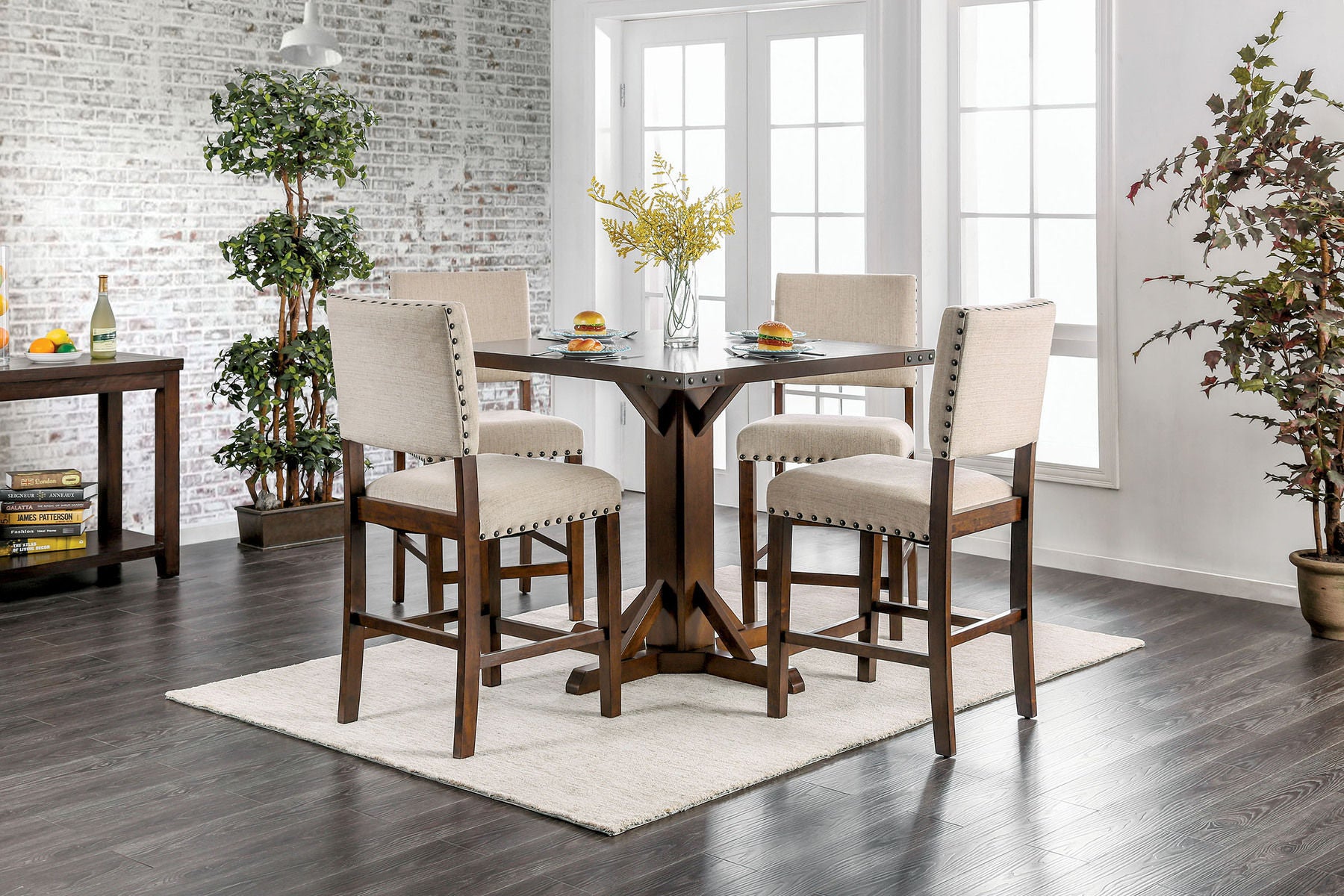 Classic Set Of 2Pc Counter Height Dining Chairs Ivory Fabric Padded Linen Chairs Upholstered Cushion High Chairs Trim Kitchen Dining Room Solid Wood Brown Cherry Ivory Brown Dining Room Industrial,Transitional Dining Chairs Solid Back Solid Wood