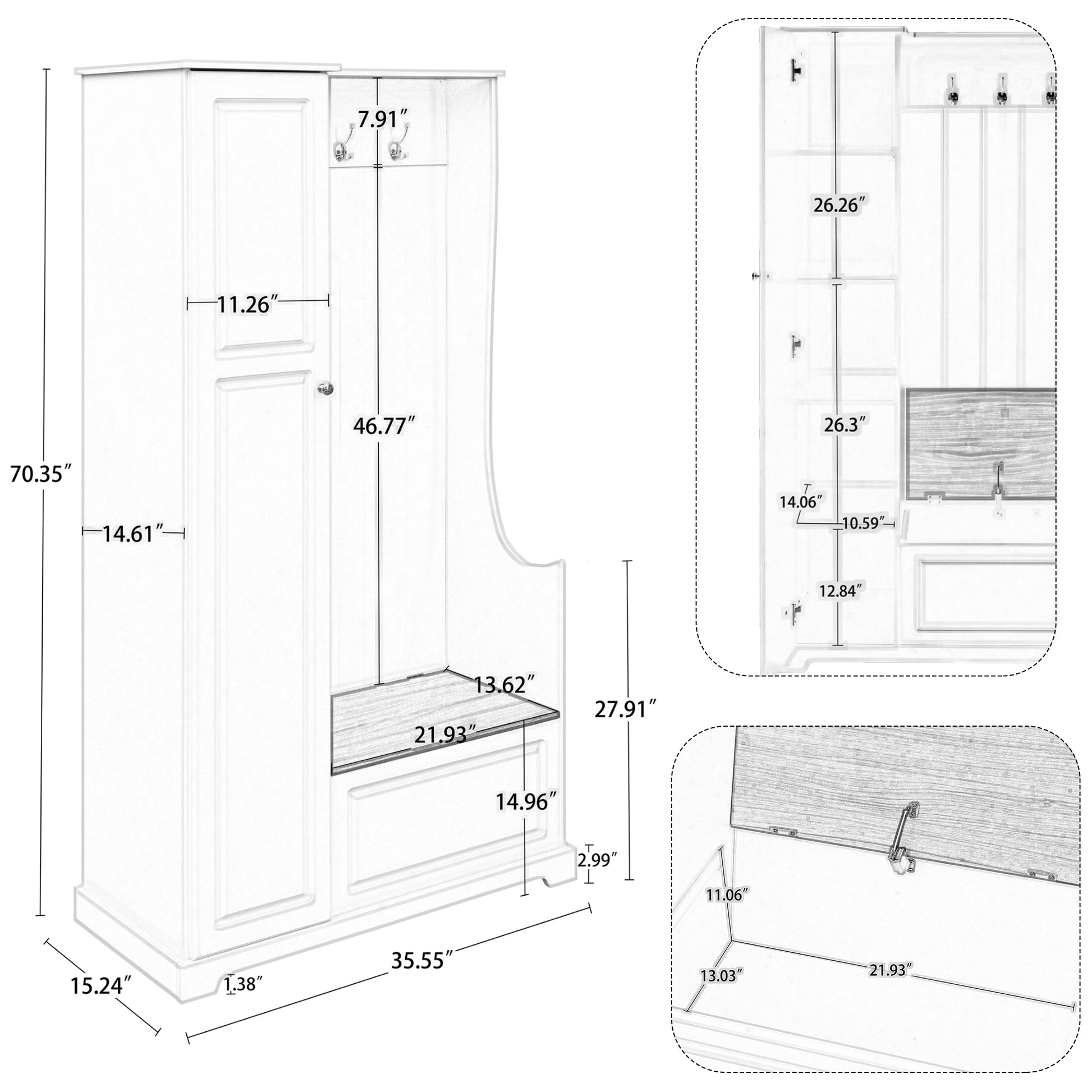Stylish Design Hall Tree With Flip Up Bench, Minimalist Hallway Shoe Cabinet With Adjustable Shelves, Multifunctional Furniture With Hanging Hooks For Entryways, Mudroom, White High Back White
