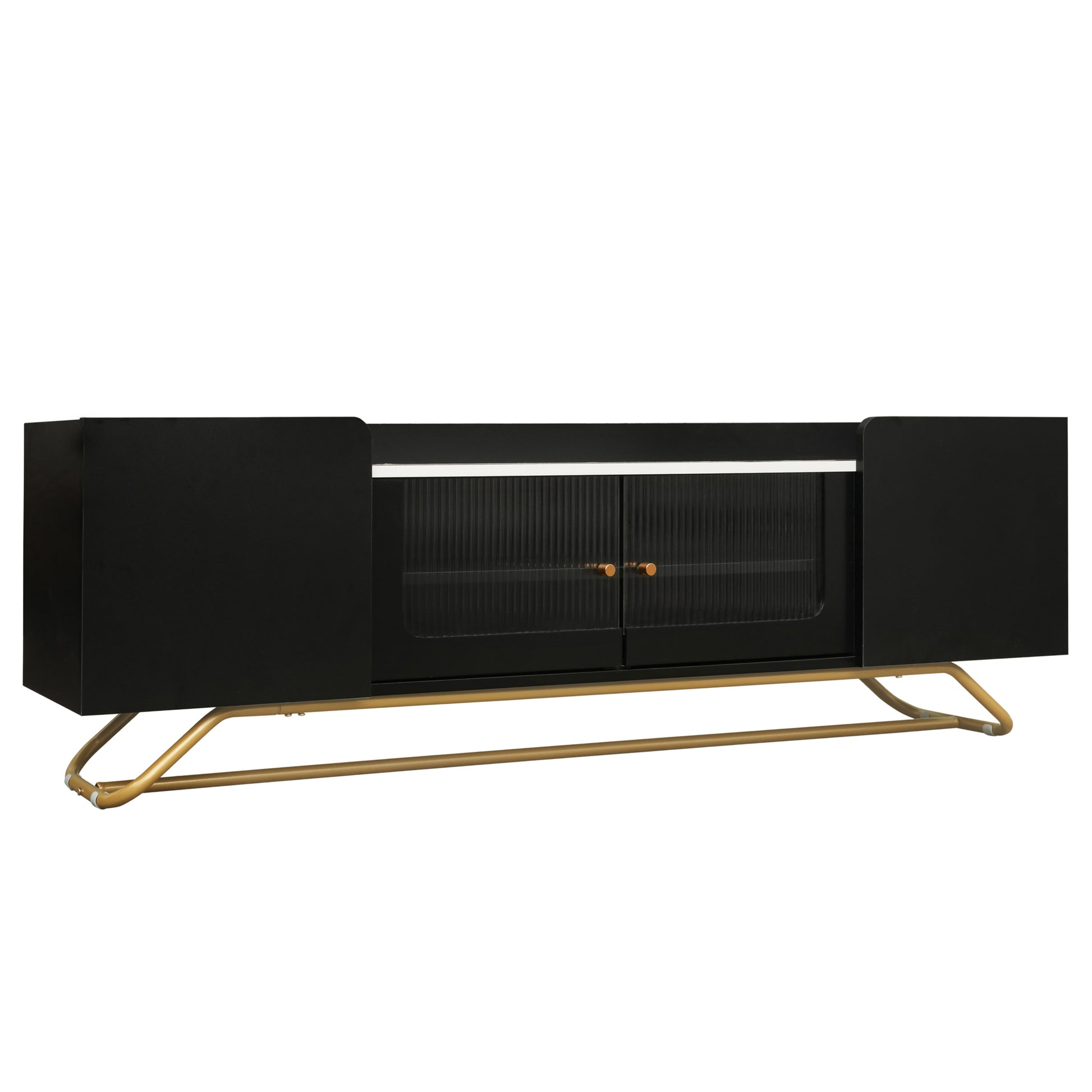 Sleek Design Tv Stand With Fluted Glass, Contemporary Entertainment Center For Tvs Up To 70", Faux Marble Top Tv Console Table With Gold Frame Base, Black Black Primary Living Space 70 79 Inches 70 79 Inches Modern 70 Inches Particle Board